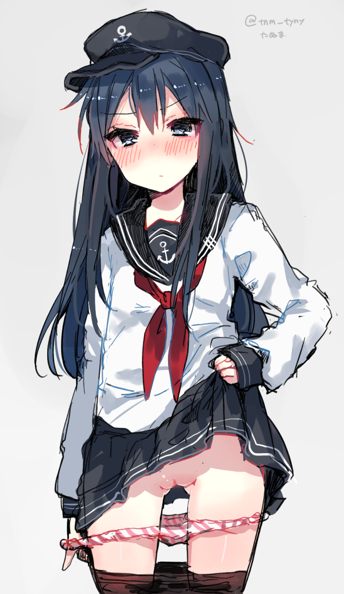 akatsuki_(kantai_collection) anchor_symbol ass black_eyes black_hair black_legwear blue_eyes blush female flat_cap hair_between_eyes hat highres kantai_collection long_hair looking_at_viewer neckerchief panties panties_removed panty_pull pleated_skirt pussy school_uniform serafuku simple_background skirt skirt_lift striped striped_panties tanuma_(tyny) thigh_gap thighs twitter_username uncensored underwear