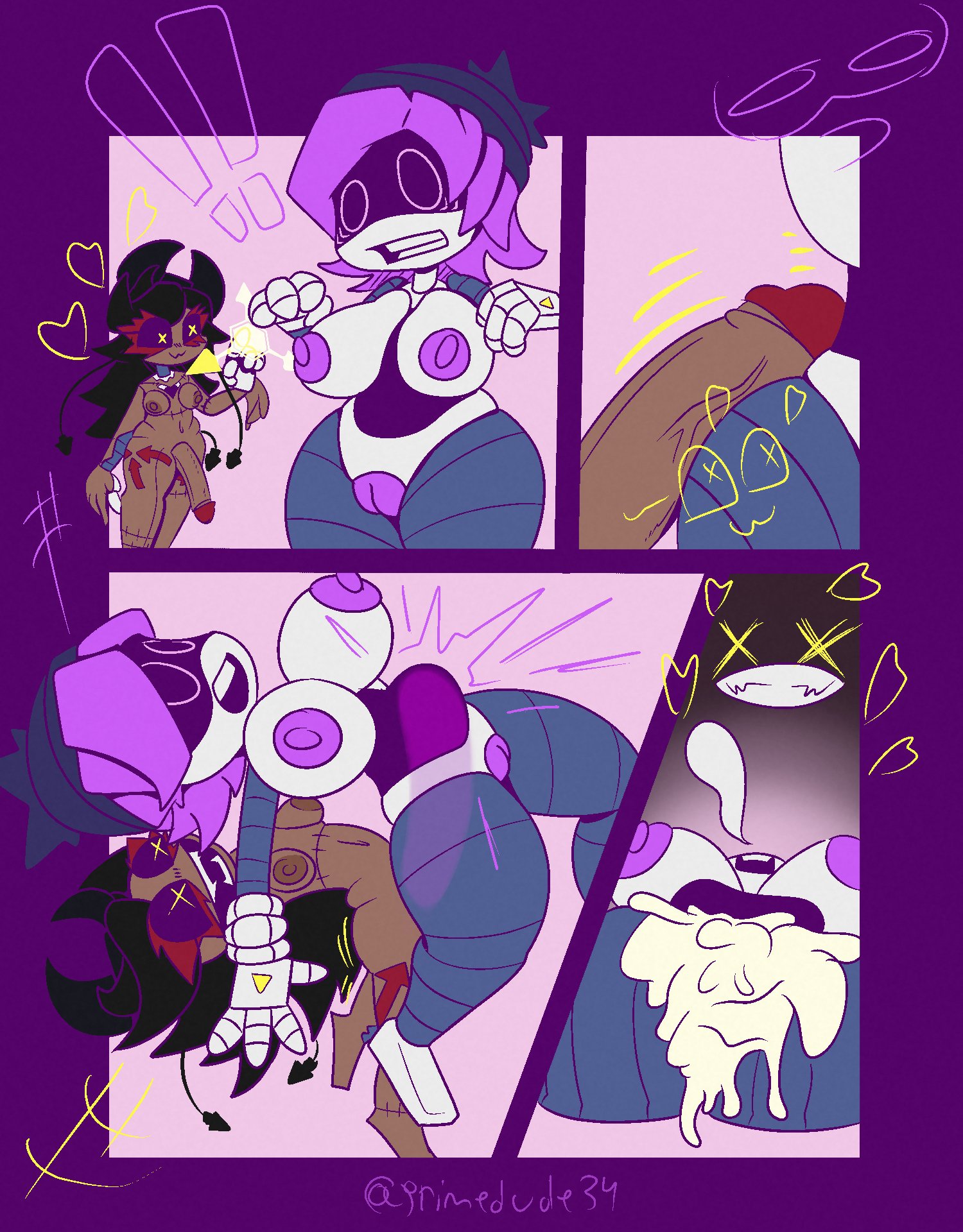 1futa, 1futa1girl, 1girl, 1girl1futa, 1girls, after sex, after vaginal, before sex, belly bulge, black hair, brown nipples, cum, cum in pussy, cum inside, cyn (murder drones), cyntessa (murder drones), excessive cum, female, futa on female, futanari, glitch productions, imminent sex, murder drones, primedude34, purple eyes, purple hair, purple nipples, purple vagina, questionable consent, robot, robot girl, tessa elliot, thick thighs, uzi (murder drones), vaginal penetration