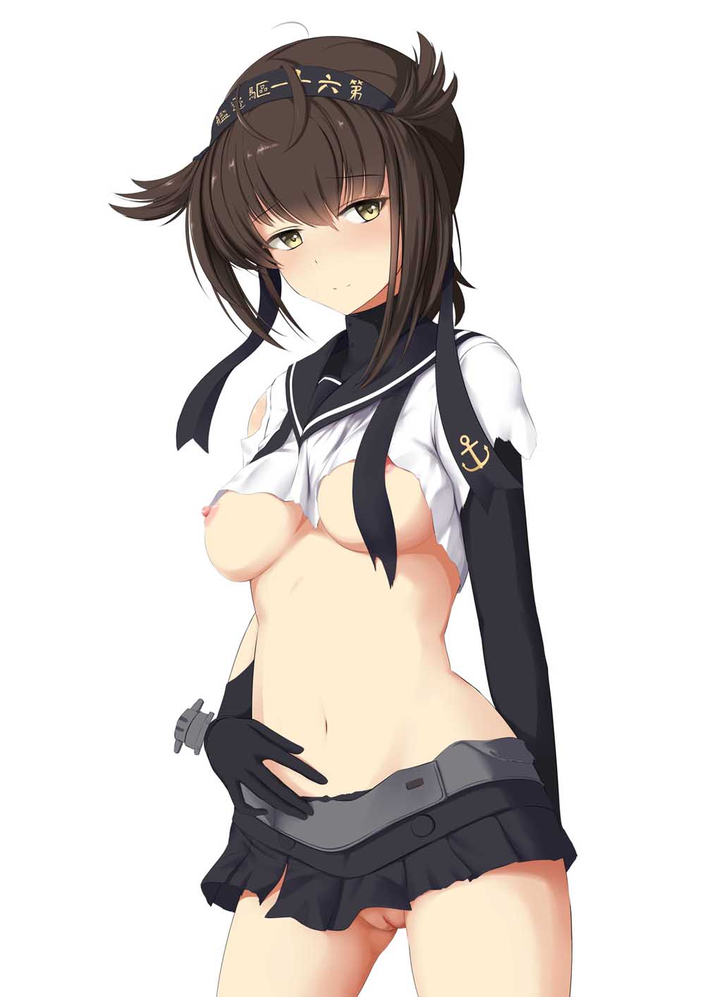 ahoge anchor_symbol areolae belt black_ribbon black_skirt blush brown_hair cannon closed_mouth cowboy_shot elbow_gloves fedsnk female gloves hair_flaps hand_on_own_stomach hatsuzuki_(kantai_collection) head_tilt highres kantai_collection looking_at_viewer machinery neckerchief no_bra no_panties one_breast_out pleated_skirt pussy ribbon shirt short_hair simple_background skirt smile solo standing torn_clothes torn_shirt torn_skirt tsurime turret two_side_up uncensored white_background white_shirt yellow_eyes