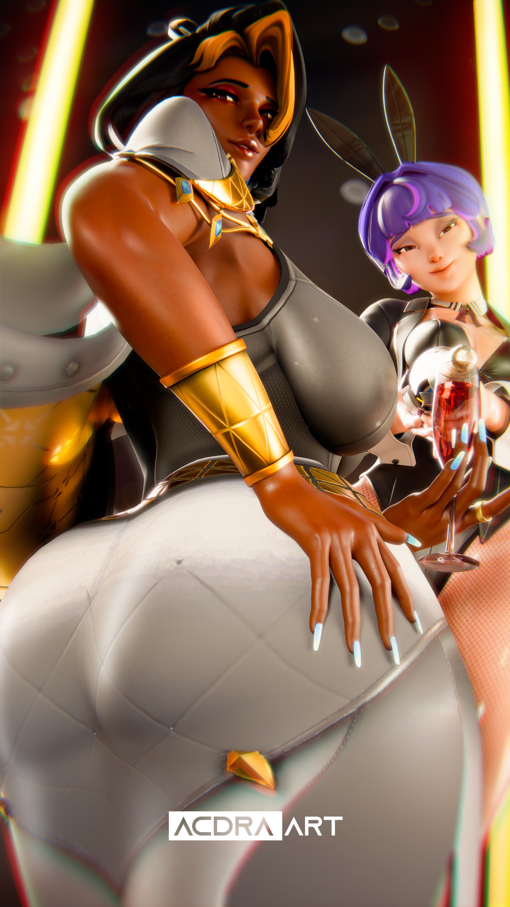 2girls, 3d, acdraart, asian, asian female, ass, big ass, big breasts, blizzard entertainment, breasts, bunny ears, bunnysuit, dark skin, dark-skinned female, domina, female, fishnets, hand on ass, indian, indian female, juno (overwatch), light skin, light-skinned female, overwatch