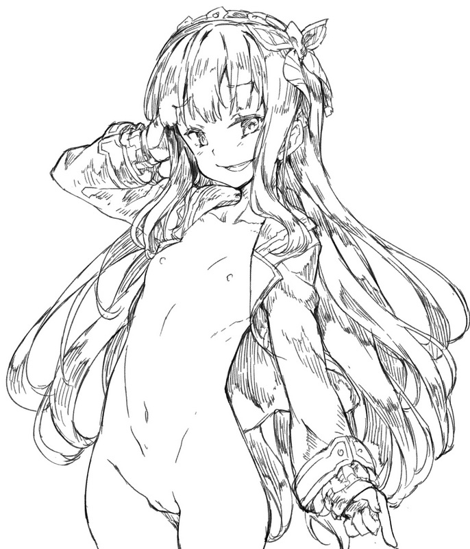 cagliostro_(granblue_fantasy) collarbone female flat_chest granblue_fantasy hair_ornament hand_in_hair line_art long_hair long_sleeves looking_at_viewer monochrome naked_shirt navel nipples pussy redcomet shirt small_breasts smile solo uncensored very_long_hair