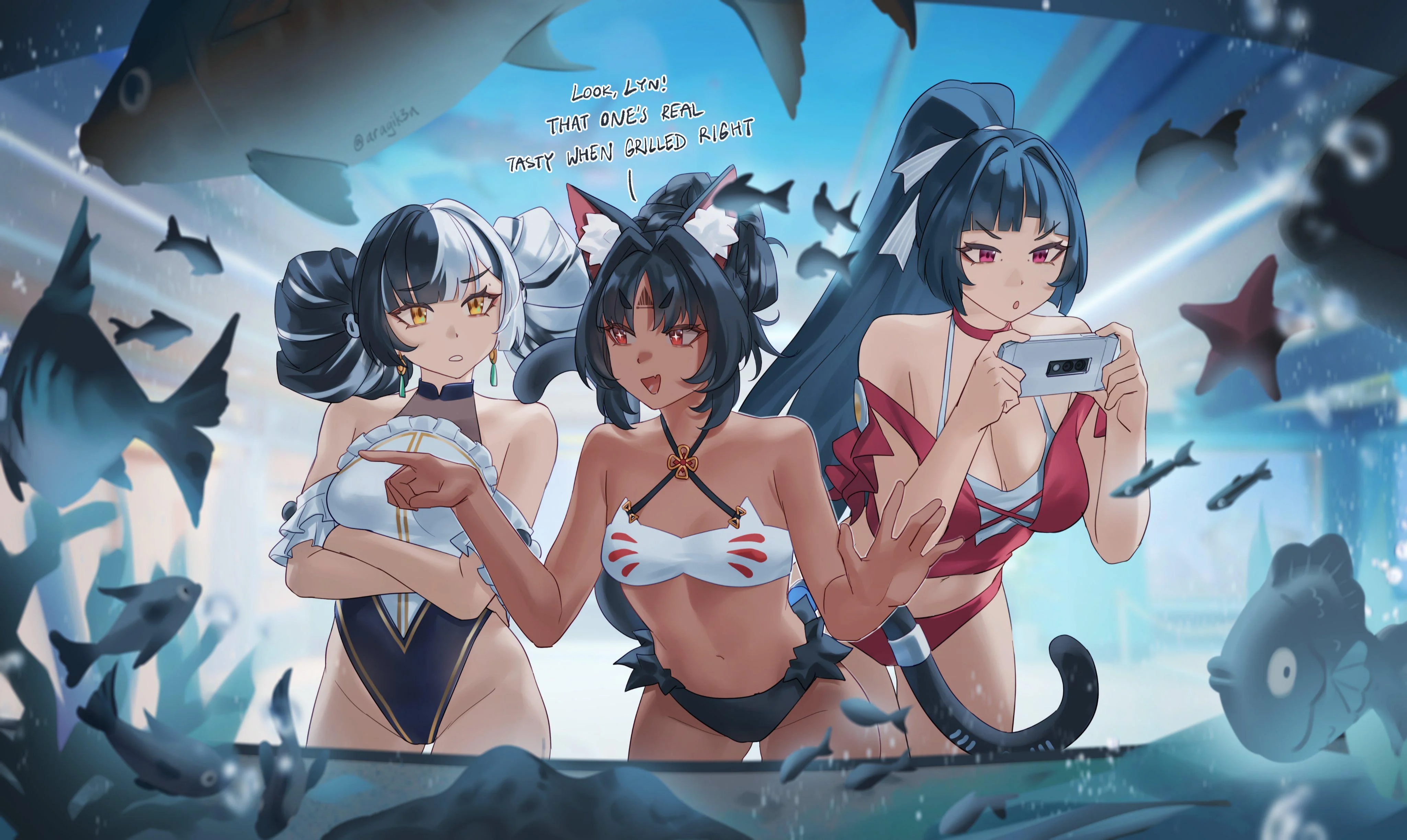 3girls, animal ears, aquarium, aragiken, astra yao, bikini, dialyn (zenless zone zero), fish, long hair, multiple girls, nekomiya mana, zenless zone zero