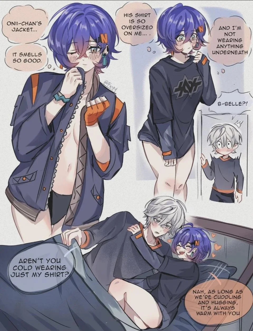 1boy, 1girls, belle (zenless zone zero), blue hair, brother and sister, dialogue, english text, feyy, grey hair, implied incest, pale skin, pale-skinned female, pale-skinned male, panties, short hair, siblings, text, wise (zenless zone zero), wise (zenless zone zero) (cosplay), zenless zone zero