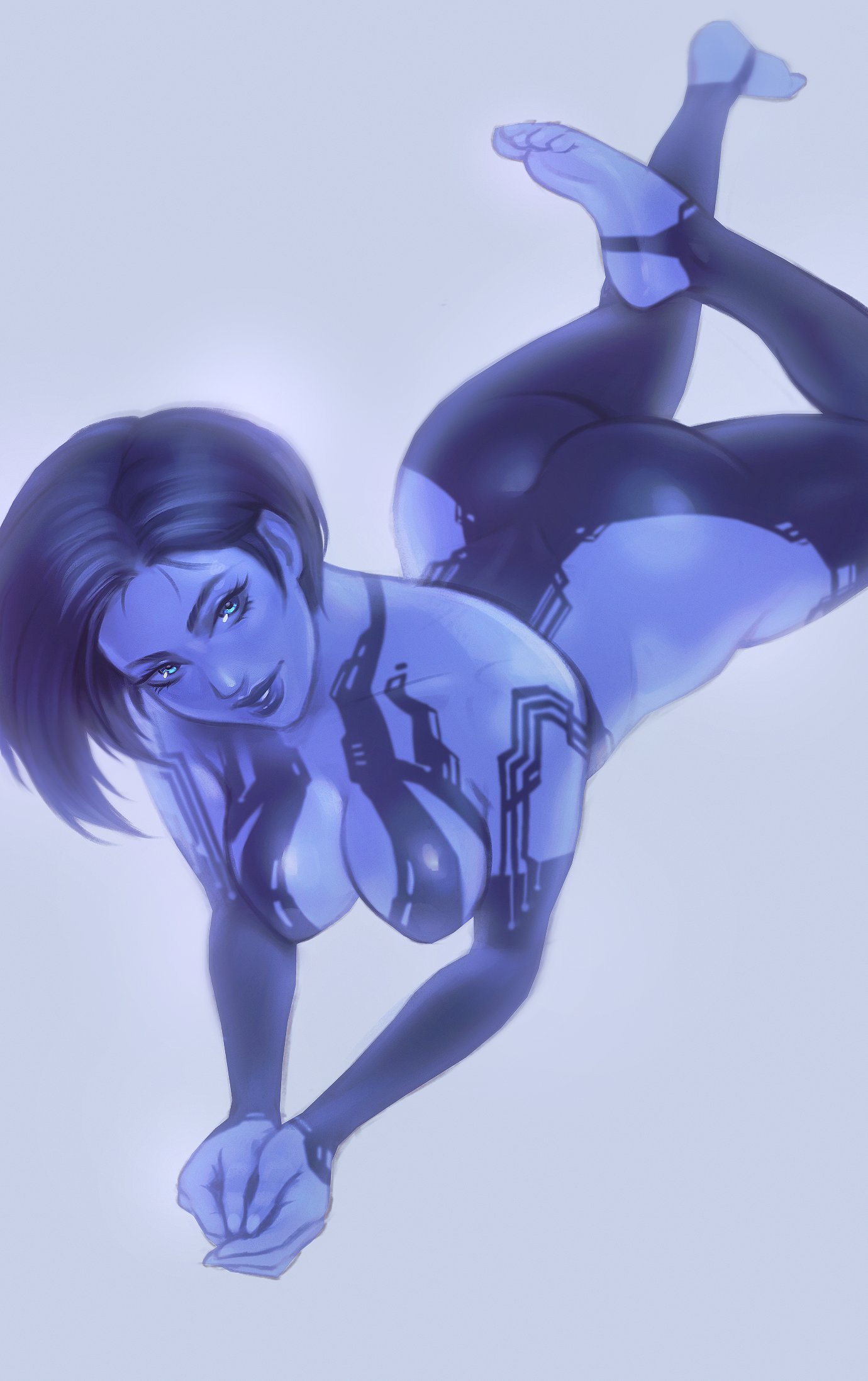 2d, alternate version at source, alternate version available, ass, beautiful, big ass, big breasts, big butt, blue body, blue eyes, blue hair, blue skin, bob cut, boobs, breasts, butt, chertila, cortana, curvaceous, curvy, curvy figure, digital drawing (artwork), featureless breasts, featureless crotch, halo (series), halo 4, hands together, highres, legs up, looking at viewer, pose, posing, posing for the viewer, round ass, simple background, smile, smiling, smiling at viewer, video game character, white background