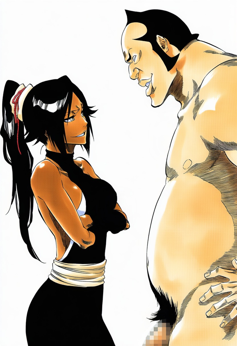 , 1boy, 1girls, accurate art style, accurate body type, ai generated, arms crossed, backless outfit, bare shoulders, big lips, black hair, bleach, breasts, censored penis, clothed, clothed female nude male, clothing, crossed arms, dark skin, dark-skinned female, duo, duo focus, eye contact, fat, fat ass, fat male, female, flaccid, grin, hair ornament, halterneck, hand on hip, height difference, light skin, light-skinned male, lineart, long hair, looking at another, looking at partner, male, male pubic hair, manga style, medium breasts, mosaic censoring, navel, official style, oomaeda marechiyo, overweight, overweight male, parted lips, penis, ponytail, pubic hair, shihouin yoruichi, shiny hair, shiny skin, sideboob, sideburns, simple background, smile, standing, tied hair, tite kubo style, ugly bastard, ugly man, white background, yellow eyes