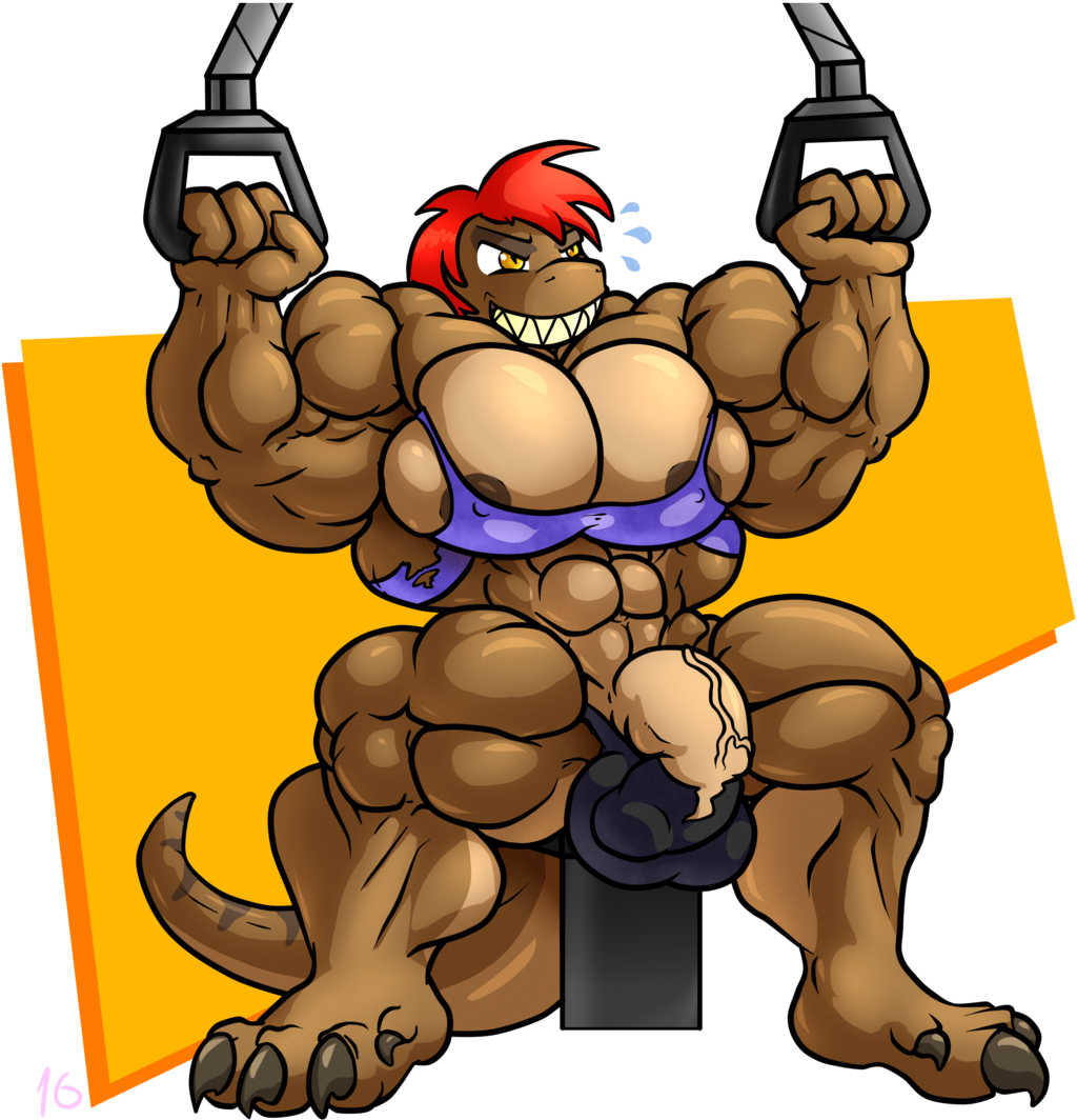 abs armpits balls biceps big_muscles big_penis bulge clothing dinosaur futanari hair intersex invalid_tag muscular muscular_futanari navel nipples penis red_hair reptile scalie sharp_teeth smile stx70 teeth theropod torn_clothing vein