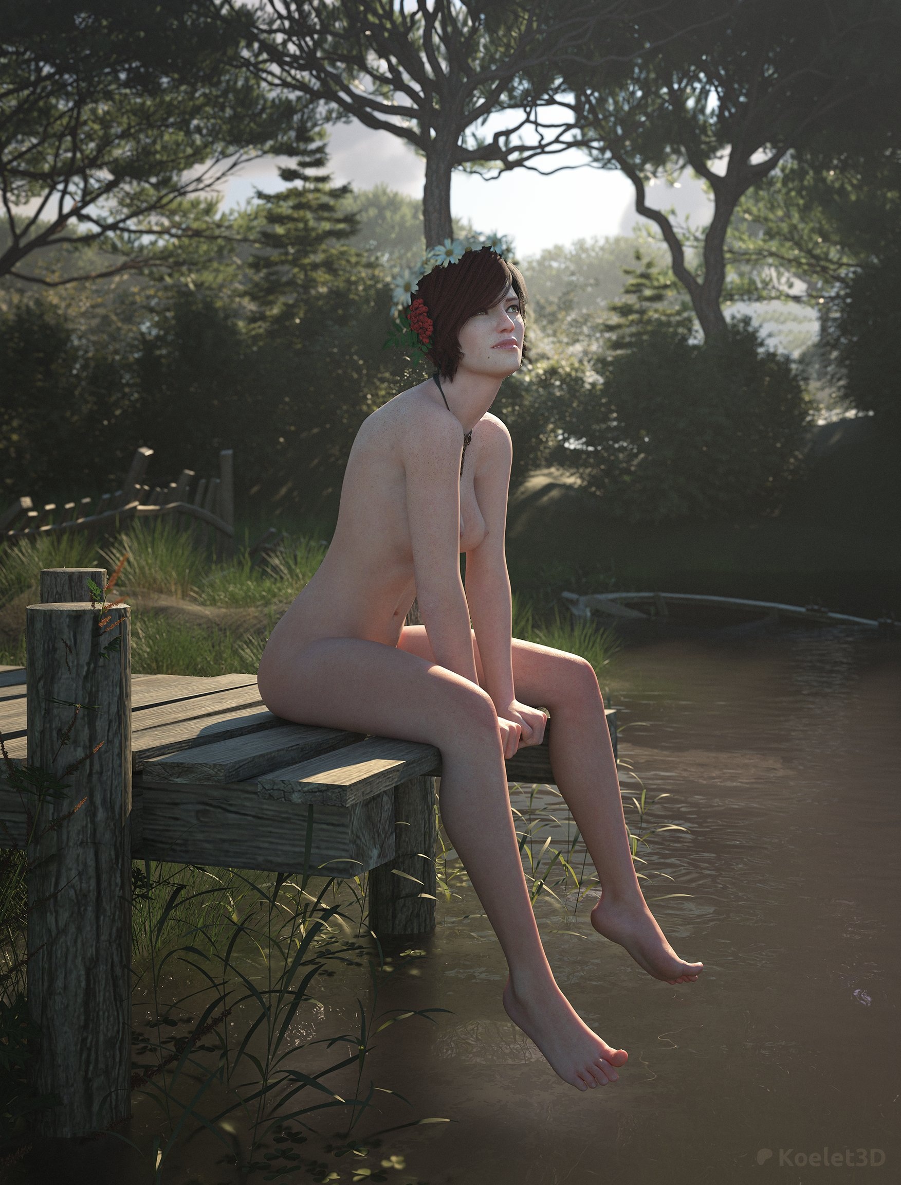 1girls, 3d, breasts, cd projekt red, completely nude, feet, female, flower crown, flower in hair, freckles, freckles on face, koelet3d, light skin, light-skinned female, mascara, necklace, nipples, nude, red hair, shani, short hair, solo, solo female, the witcher (series), the witcher 3: wild hunt