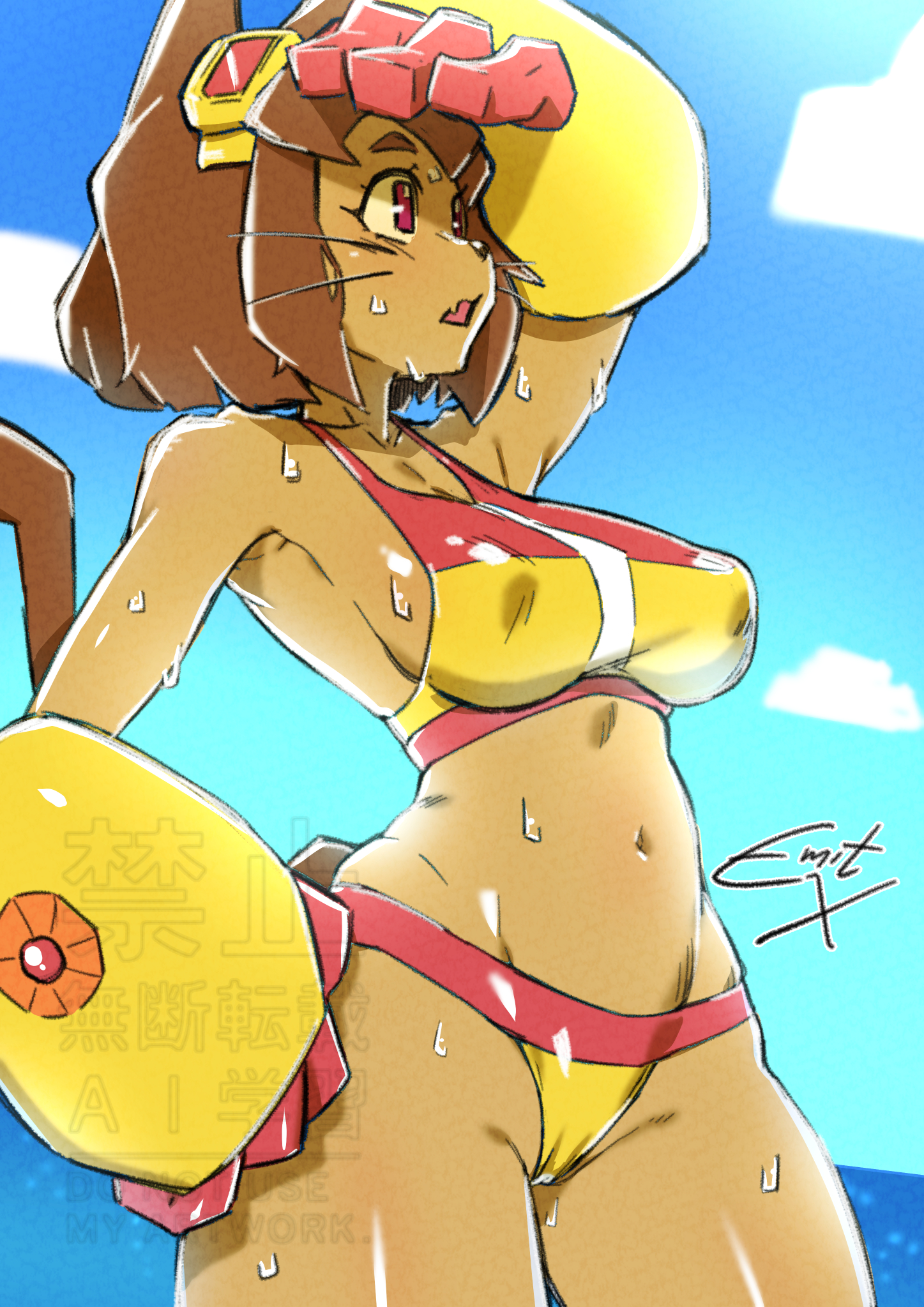 1girl, 1girls, ass, ass bigger than head, beach, beach background, big ass, big breasts, big butt, big thighs, bikini, brown body, brown fur, brown hair, brown skin, brown tail, brown-haired female, bubble ass, bubble butt, butt, cat girl, cat humanoid, cat tail, catgirl, emit x, exposing self, feline humanoid, feline tail, female only, furry, furry female, furry only, furry tail, gameoverse, glitch productions, goggles, goggles on forehead, goggles on head, huge ass, huge breasts, huge butt, huge thighs, kit (gameoverse), kit bodega, magenta eyes, mechanical arm, mechanical arms, nipple bulge, nipples visible through clothing, partially clothed, partially clothed female, partially undressed, plump, plump ass, plump breasts, plump butt, plump thighs, robotic arm, robotic arms, round ass, round butt, rubberross, seductive, seductive body, seductive expression, seductive eyes, seductive gaze, seductive look, seductive mouth, seductive pose, seductive smile, showing off, solo, solo female, solo focus, swimsuit, swimwear, tan body, tan fur, tan skin, tan-skinned female, tanned skin, topwear