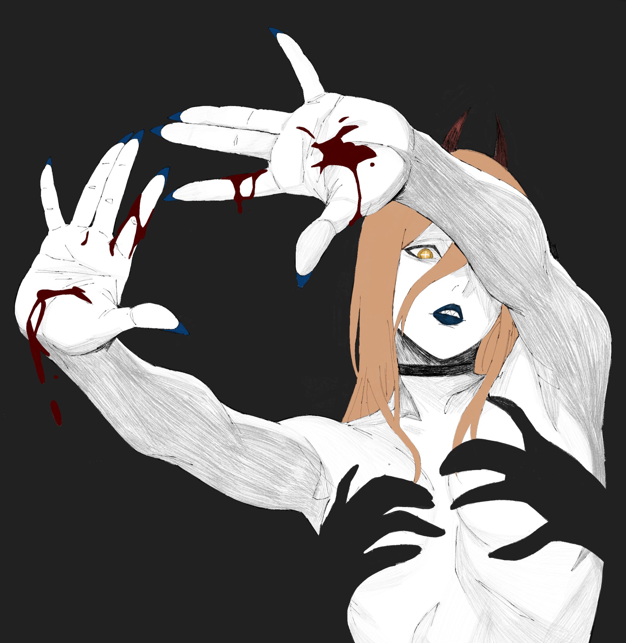 1girls, blonde hair, bloos, breasts, chainsaw man, female, hands casting shadow, hex mamaniac, horns, power (chainsaw man), shadow bra, solo, topless