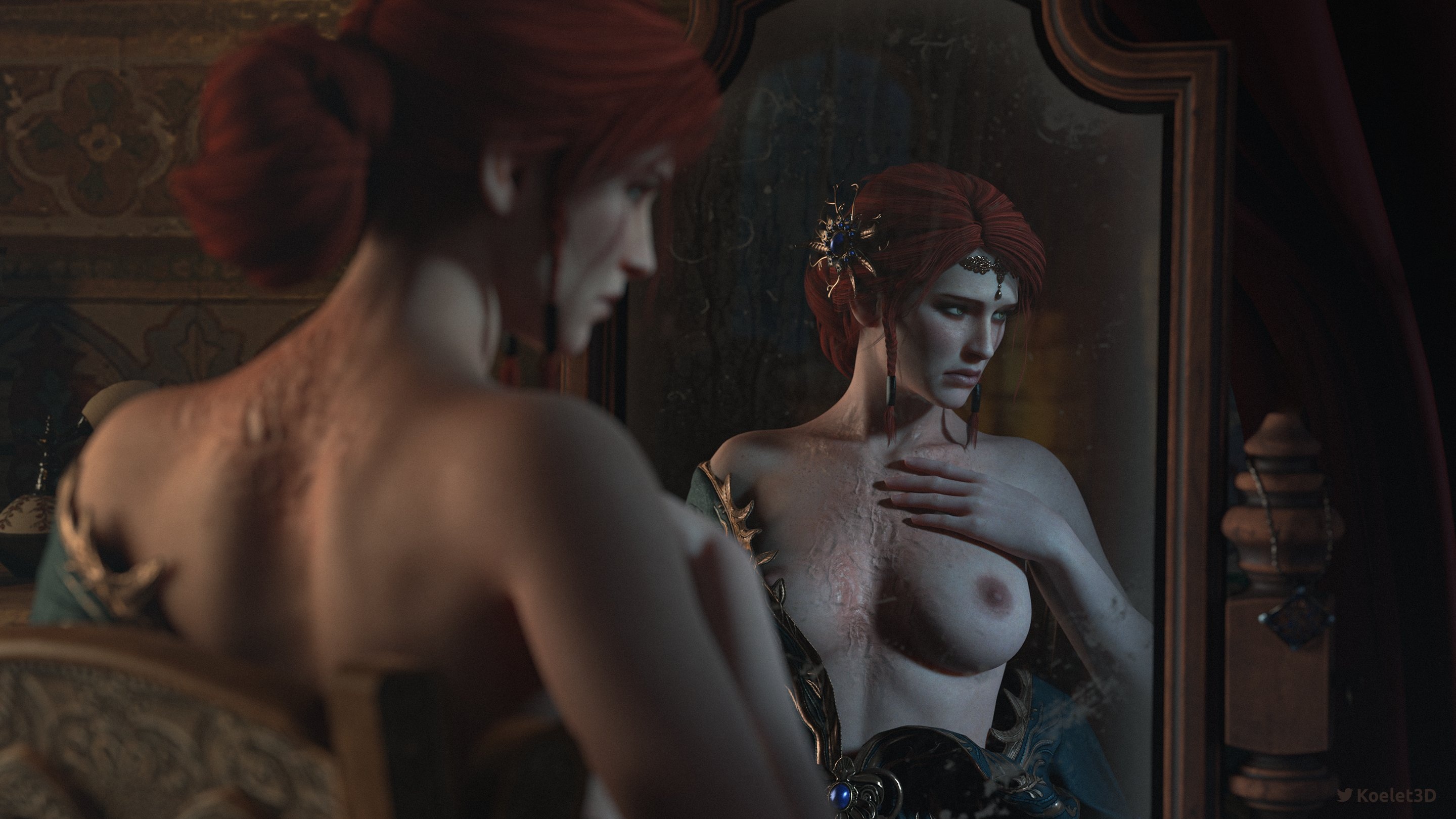 1girls, 3d, breasts, burn scar, cd projekt red, female, freckles, freckles on face, green dress, hair ornament, koelet3d, light skin, light-skinned female, mascara, mirror, mirror reflection, nipples, red hair, solo, solo female, the witcher (series), the witcher 3: wild hunt, triss merigold, undressing