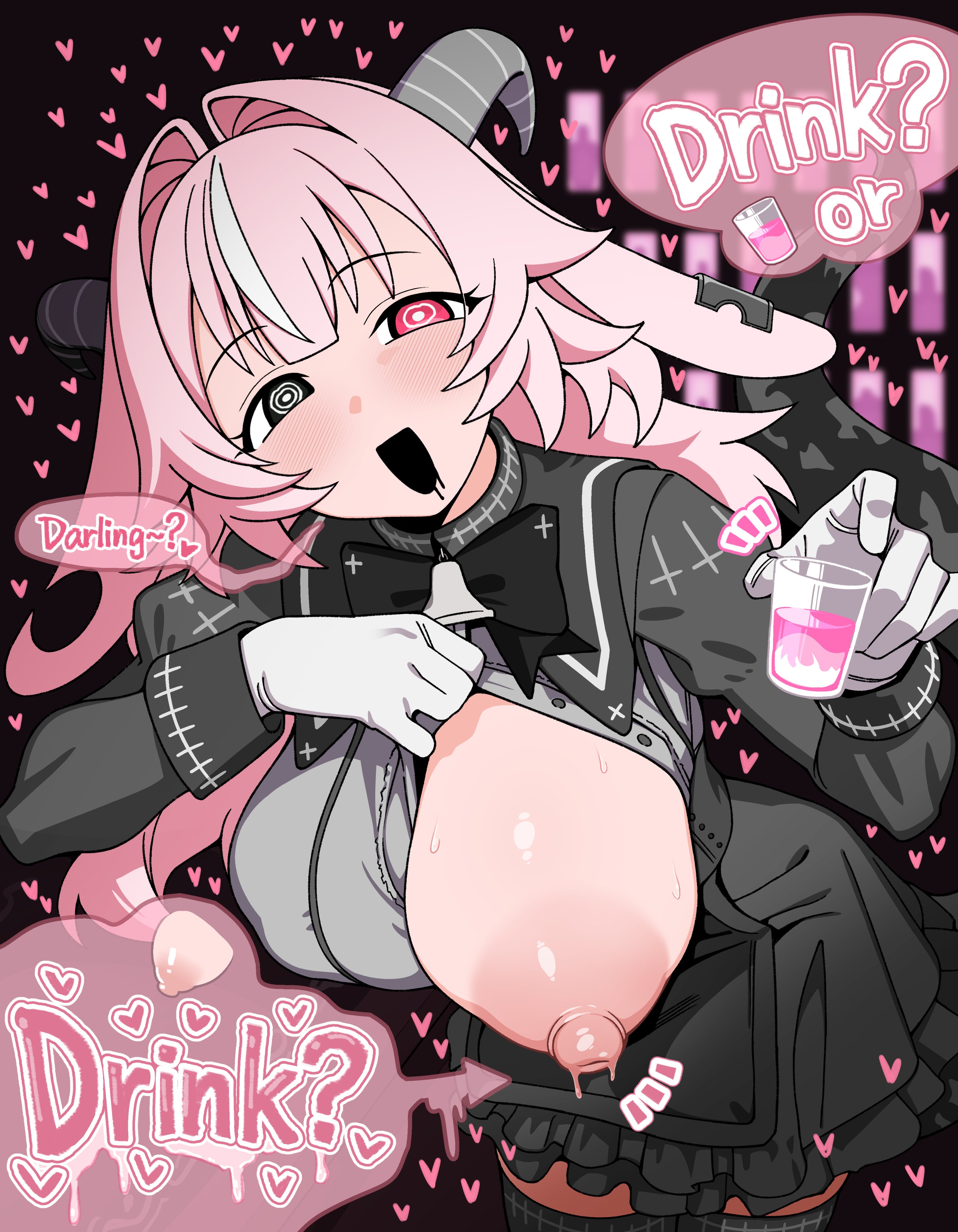 1girls, 2026, 2d, 2d (artwork), 2d artwork, areola, areolae, big breasts, black nose, blush, blush lines, blushing, breasts out, clothed, clothed female, clothing, commentary, curvy, curvy figure, demon, demon girl, demon horns, demon humanoid, demoness, dialogue, drool, drool on face, drool string, drooling, drunken goddess reflux, english, english commentary, english dialogue, english text, female, female only, femme soule, fully clothed, goat, goat demon, goat ears, goat girl, goat horns, goat humanoid, hiyoko spot, huge breasts, imminent breast sucking, imminent lactation, large breasts, multicolored eyes, nipples, offering breastmilk, offering breasts, offering drink, pink eyes, pink hair, presenting, presenting breasts, pukey goddess shot trick, saliva, saliva trail, solo, solo female, speech bubble, sweat, sweatdrop, sweating, sweaty, sweaty breasts, text, thick, thick thighs, thigh highs, thighhighs, thighs, two-tone eyes, voluptuous, voluptuous female