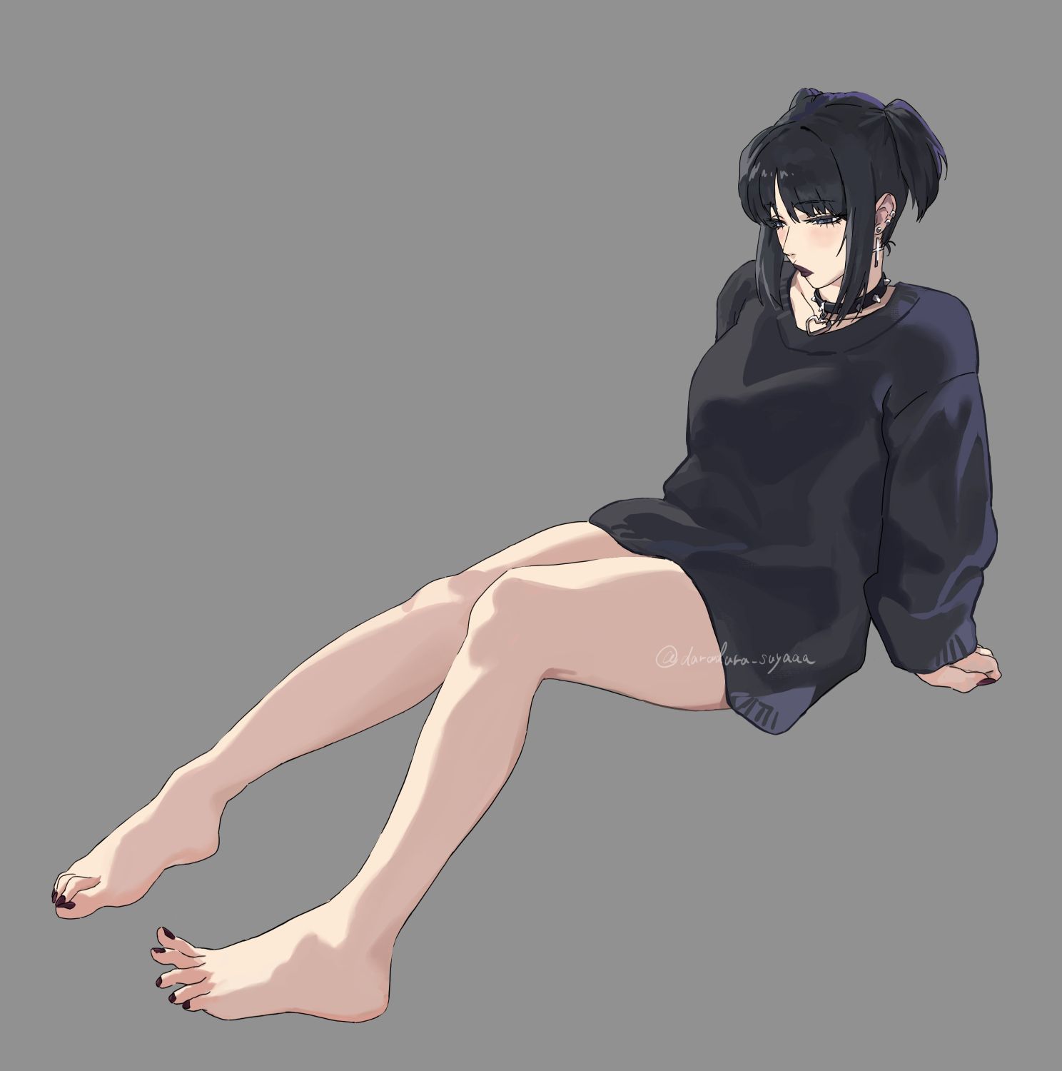 2d, artist name, artist request, asian, asian female, attack on titan, bare legs, barefoot, big feet, black hair, black lipstick, daradara suyaaa, goth, goth girl, goth makeup, gothic, gothic girl, gothified, lipstick, long sleeves, medium hair, mikasa ackerman, painted nails, painted toenails, shingeki no kyojin, thick thighs, tied hair