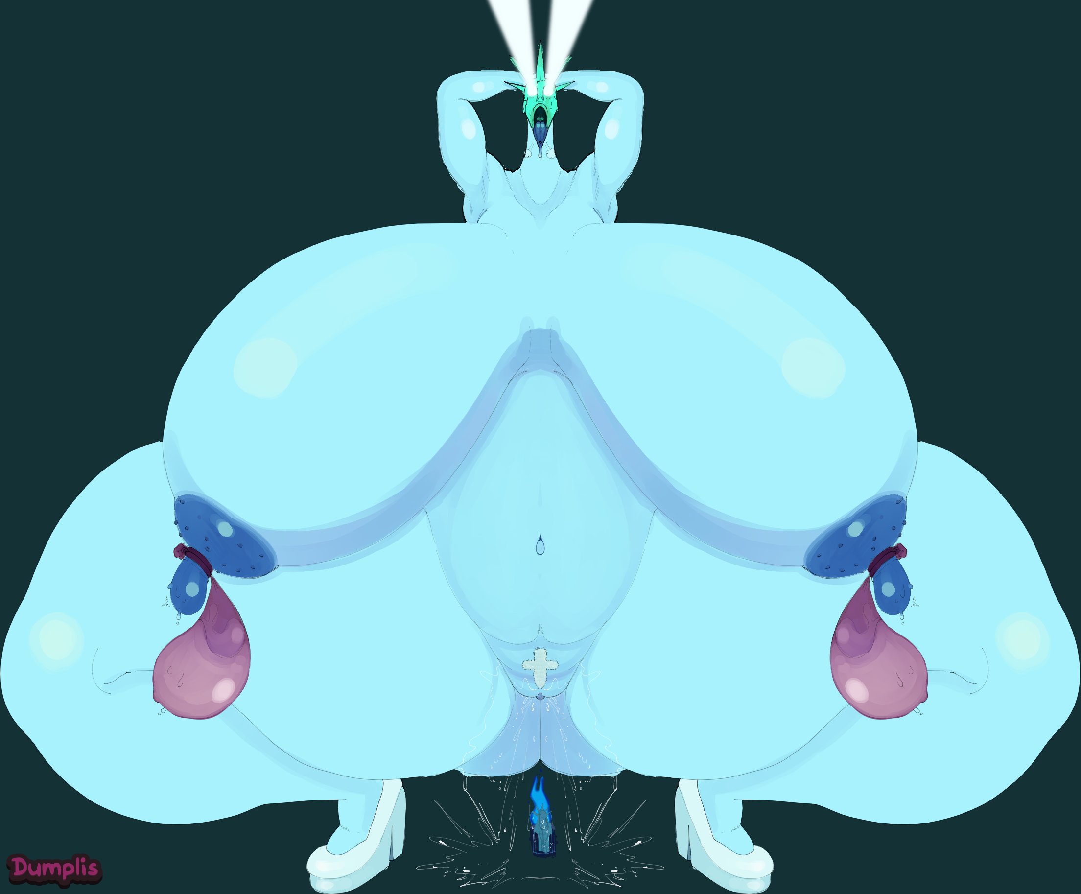 1female, 2026, 2d, 2d (artwork), archmother (deadlock), arms behind head, blue body, blue skin, condoms, condoms on body, cracked mask, deadlock, dumplis (artist), filled condoms, high resolution, highres, huge breasts, laser eyes, legs apart, legs spread, long neck, nipple condom, nude, nude female, orgasm, orgasm face, pleasure face, pubic hair, shaped pubic hair, squatting, squirting, squirting orgasm, tongue out, white eyes