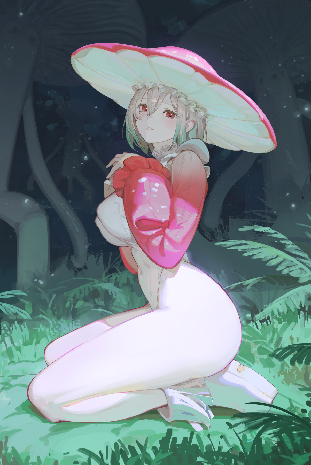 1girls, ass, bare legs, big ass, bodysuit, breasts, cameltoe, crouching, crouching female, female, female focus, female only, hks (timbougami), large ass, medium breasts, mushroom, mushroom girl, mushroom humanoid, oc, one-piece swimsuit, pale skin, pale-skinned female, pussy, rain, side view, solo, tagme, thick thighs, thighs, tight clothing, timbougami