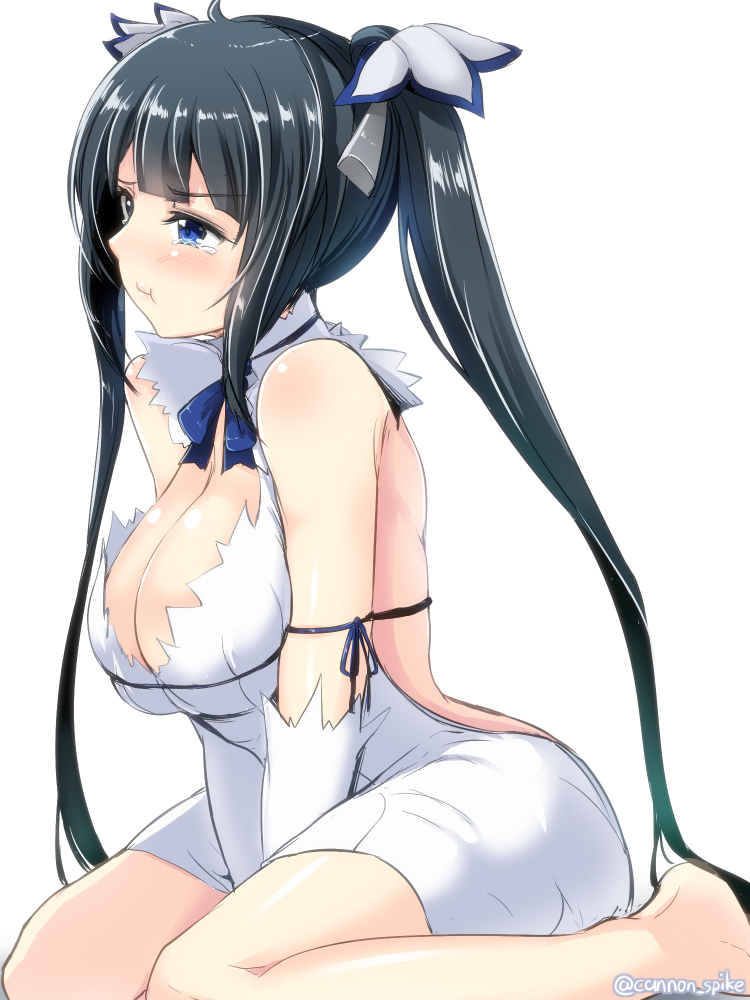 arm ribbon, bare back, bare shoulders, barefoot, black hair, blue eyes, blush, bow, bowtie, breast squeeze, breasts, cleavage, cleavage cutout, dress, dungeon ni deai wo motomeru no wa machigatteiru darou ka, elbow gloves, female, gin'ichi (akacia), gloves, hair ornament, hair ribbon, hestia (danmachi), large breasts, long hair, open mouth, pout, rei no himo, ribbon, short dress, simple background, sitting, sleeveless, sleeveless dress, smile, solo, tearing up, tied hair, twintails, v arms, wariza, white background, white dress, white gloves