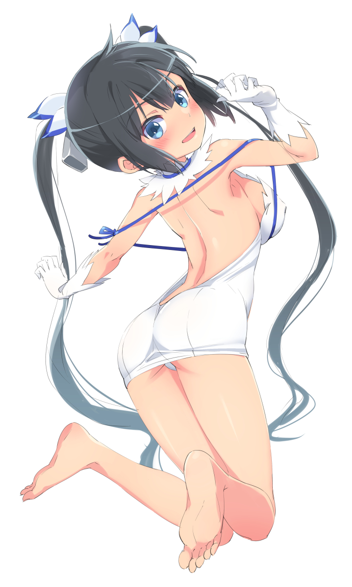 ass bare_back barefoot black_hair blue_eyes blush breasts dungeon_ni_deai_wo_motomeru_no_wa_machigatteiru_darou_ka feet female from_behind full_body gloves hair_ribbon hestia_(danmachi) legs long_hair looking_at_viewer looking_back michairu rei_no_himo ribbon sideboob simple_background soles solo tied_hair toes twintails white_background white_gloves