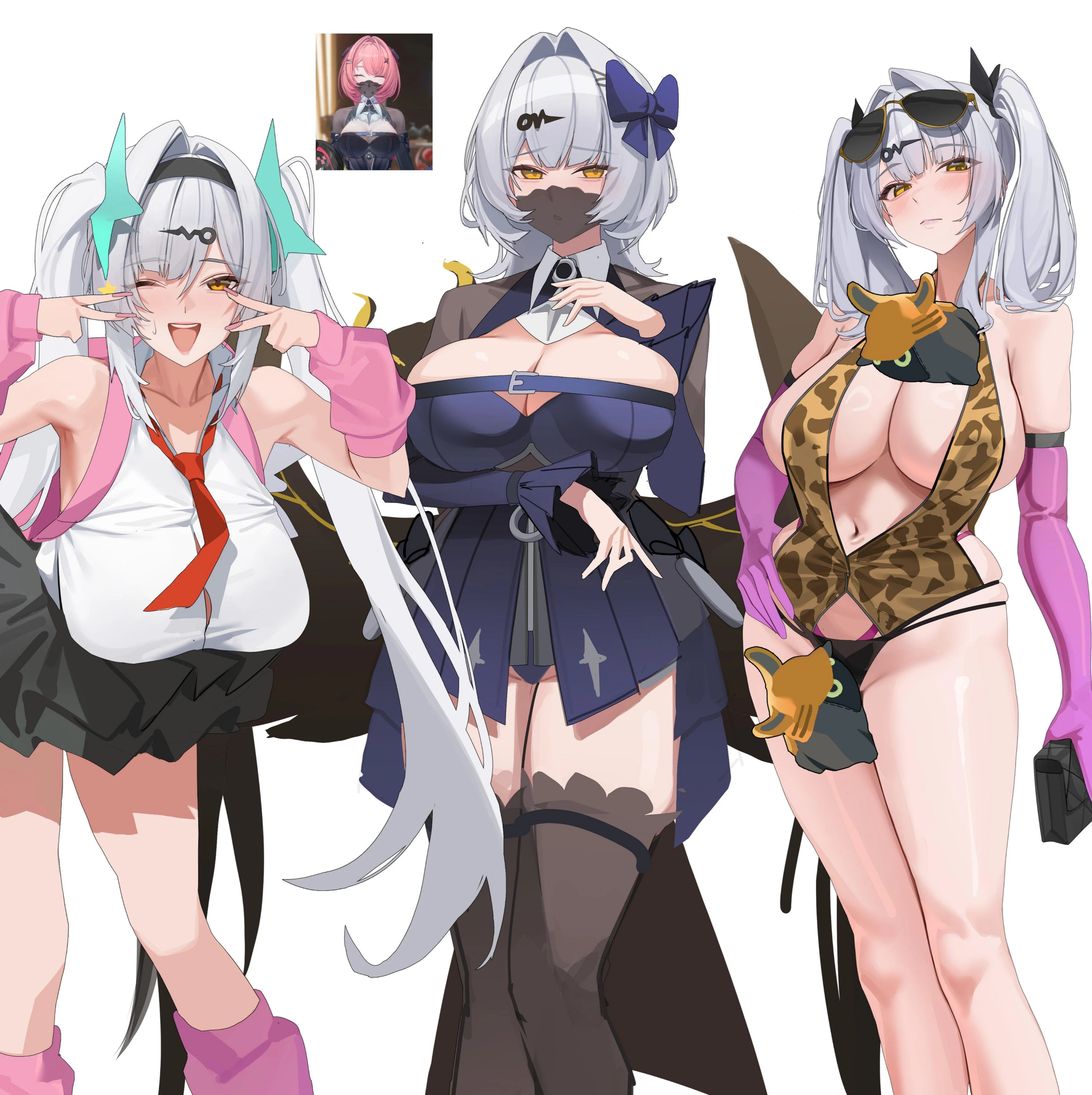 1girls, absurd res, alternate costume, angels of delusion, animal print, arm warmers, armwear, big breasts, blush, cleavage, cosplay, costume switch, female, female focus, female only, gong dol hong, highres, huge breasts, large breasts, long hair, long legs, looking at viewer, mask, miniskirt, mouth mask, reference image, revealing clothes, solo, solo female, solo focus, standing, sunna (zenless zone zero) (cosplay), thighhighs, twintails, white hair, wink, winking at viewer, yellow eyes, yixuan (zenless zone zero), zenless zone zero
