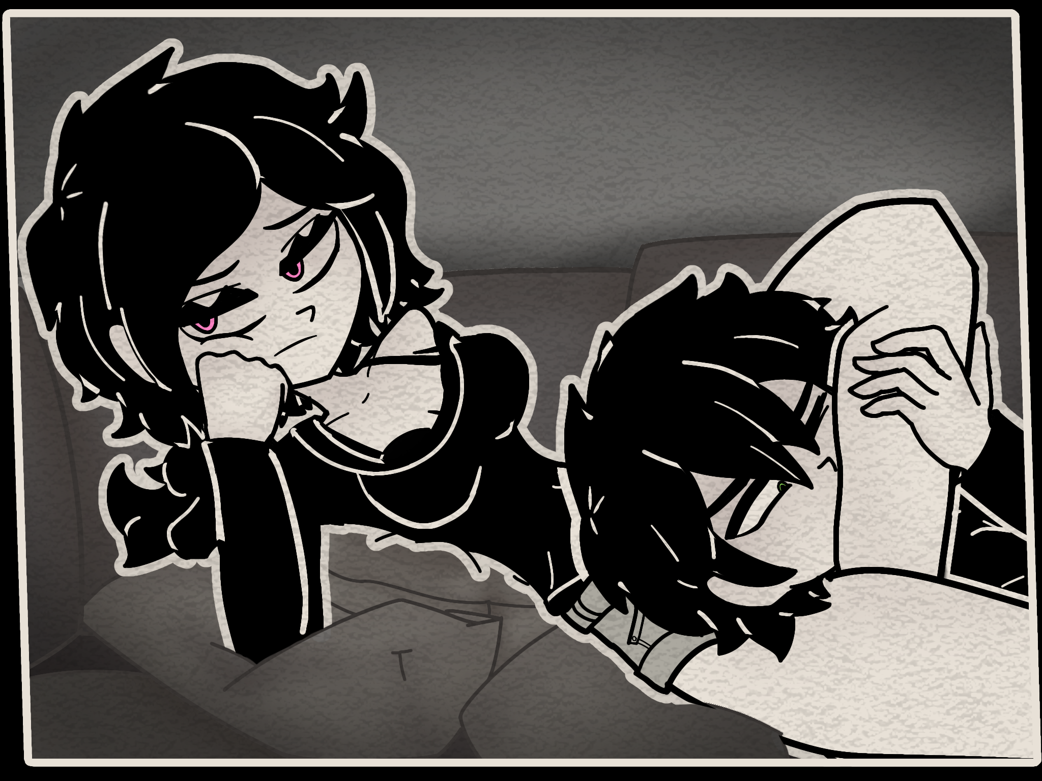 1boy, 1girls, 2d, andrew graves, ashley graves, black hair, bored, brother and sister, clothed, female, green eyes, incest, leg lock, legs, male, pink eyes, ponytail, scissorhold, siblings, straight, the coffin of andy and leyley, thighs, violent-mechanical