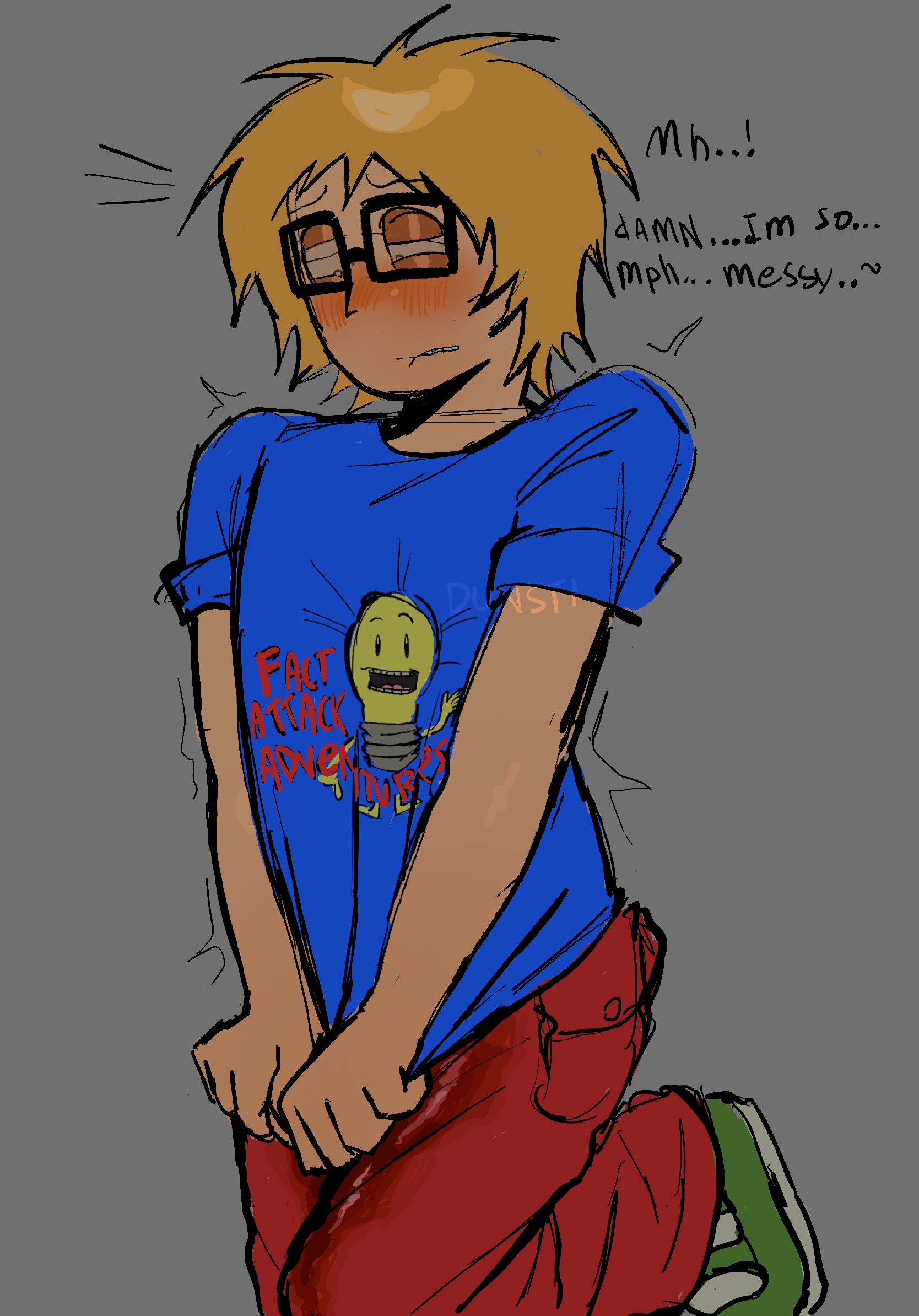 ashamed, awkward, blonde hair, blue shirt, clothed, fact attack adventures, facty (fact attack adventures), flustered, human, messy, non-binary, piss kink, piss soaked clothes, pissing, red pants, wet pants