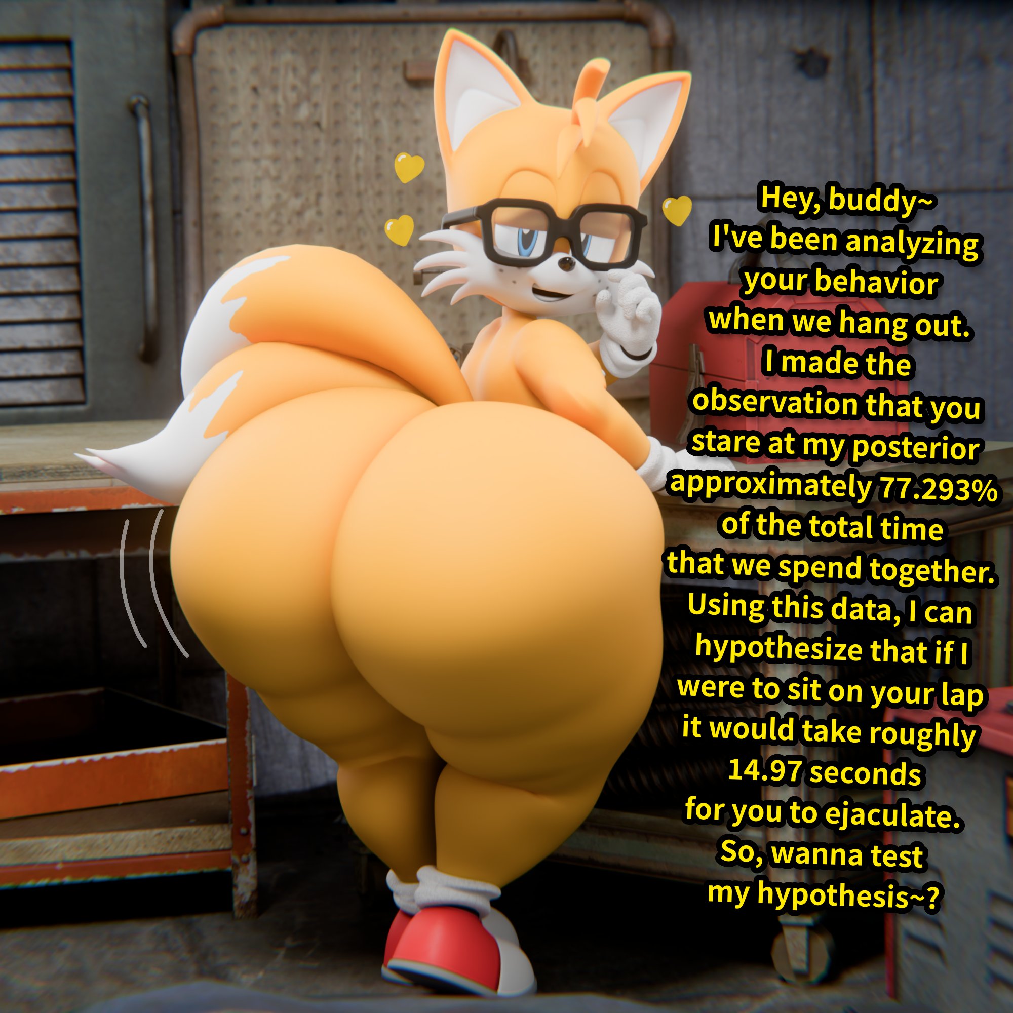 1boy, anthro, anthro only, ass, ass focus, big ass, big butt, butt, butt focus, digital drawing (artwork), digital media (artwork), femboy, femboy only, furry, furry male, furry only, garage, glasses, gloves, hearts around head, hi res, highres, looking at viewer, looking back, looking back at viewer, male, male only, miles tails prower, nerd, nerd glasses, nerdy, nerdy femboy, nerdy male, sega, shoes, sonic (series), sonic the hedgehog (series), supasuparare, tails the fox, text, thick, thick ass, thick legs, thick thighs, twin tails, white gloves, white muzzle, white tail tip, yellow body, yellow fur