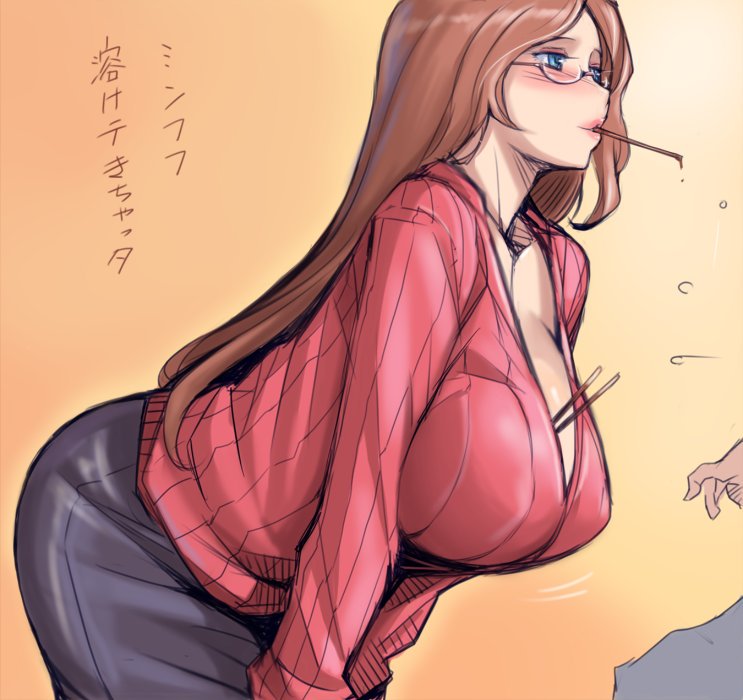 1girls american_oppai-san bent_over blue_eyes blush breasts brown_hair cleavage glasses gradient_background huge_breasts long_hair milf original pantyhose pocky shirt tsuda_nanafushi unseen_male_face