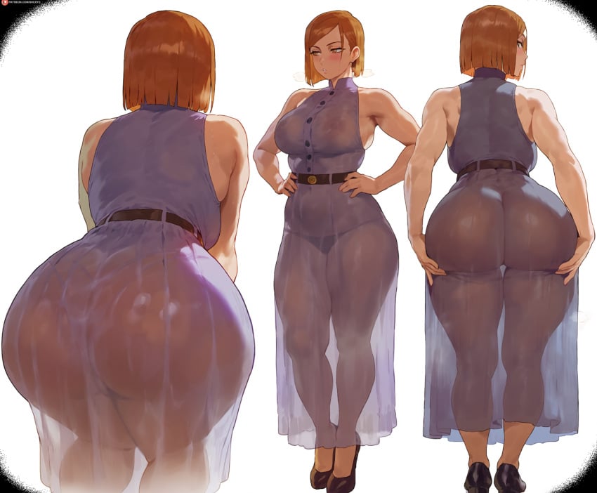 1girls, ai assisted, ai generated, areolae, areolae visible through clothing, ass, back muscles, belly button, big ass, big breasts, breasts, brown hair, dress, fat ass, female, female only, high heels, hourglass figure, huge ass, huge breasts, jujutsu kaisen, kugisaki nobara, light skin, light-skinned female, muscles, nipples, nipples visible through clothing, revealing clothes, see-through clothing, shexyo, short hair, squatting, tagme, thick thighs, underwear, wide hips