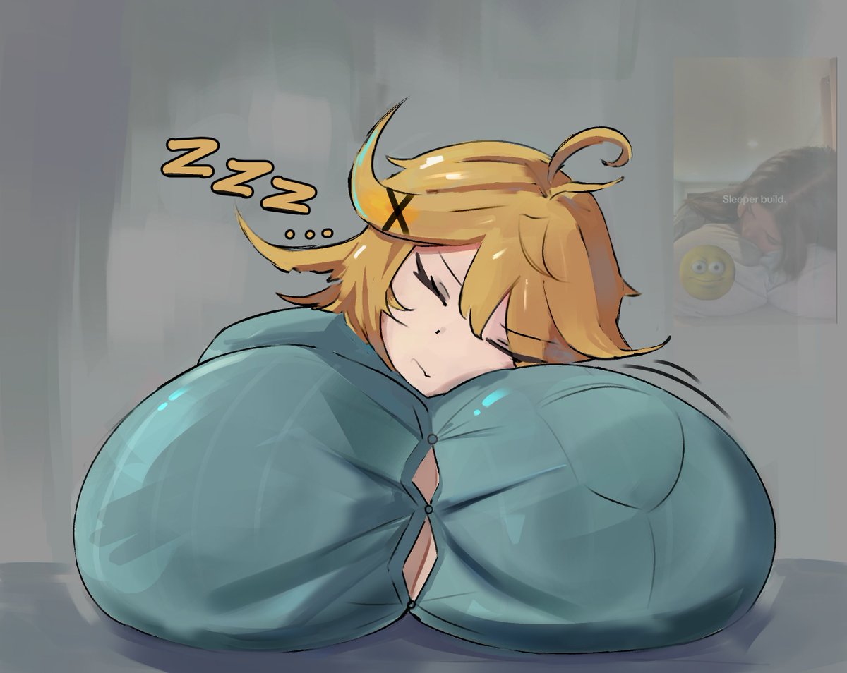 1girls, ahoge, alternate breast size, alternate breast size (larger), asleep, big breasts, blonde hair, breast pillow, breasts, breasts against surface, breasts bigger than head, breasts on table, breasts press, breasts rest, breasts resting on table, button down shirt, button up shirt, cleavage, clothed, clothed female, dokibird, dokibird (bounty hunter), english text, eyes closed, female, female focus, gigantic breasts, hair between eyes, hairclip, head on breasts, head tilt, huge breasts, indie virtual youtuber, large breasts, light skin, light-skinned female, massive breasts, motion lines, real person, reference, reference image, reference inset, seated, short hair, simple background, sitting, sleeping, solo, solo focus, strained buttons, virtual youtuber, zynereon