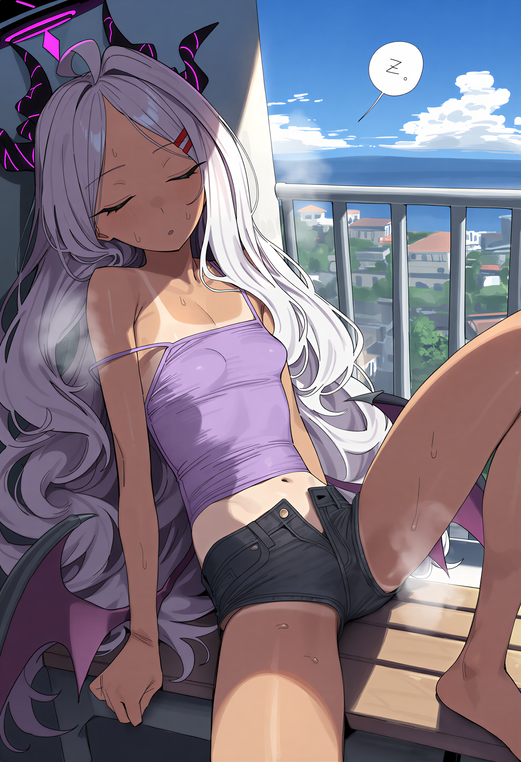 1girl, absurdres, against wall, ahoge, ai, ai generated, balcony, bare shoulders, bikini tan, black horns, black shorts, blue archive, blush, closed eyes, clouds, collarbone, demon girl, demon horns, demon wings, denim shorts, depth of field, forehead, from above, from side, hairclip, highres, hina (blue archive), knee up, midriff, multiple horns, navel, on bench, open shorts, parted bangs, parted lips, purple camisole, sidelocks, sitting, sky, sleeping, small breasts, spoken zzz, spread legs, steam, steaming body, strap slip, sweat, sweatdrop, tanline, unbuttoned, very long hair, white hair