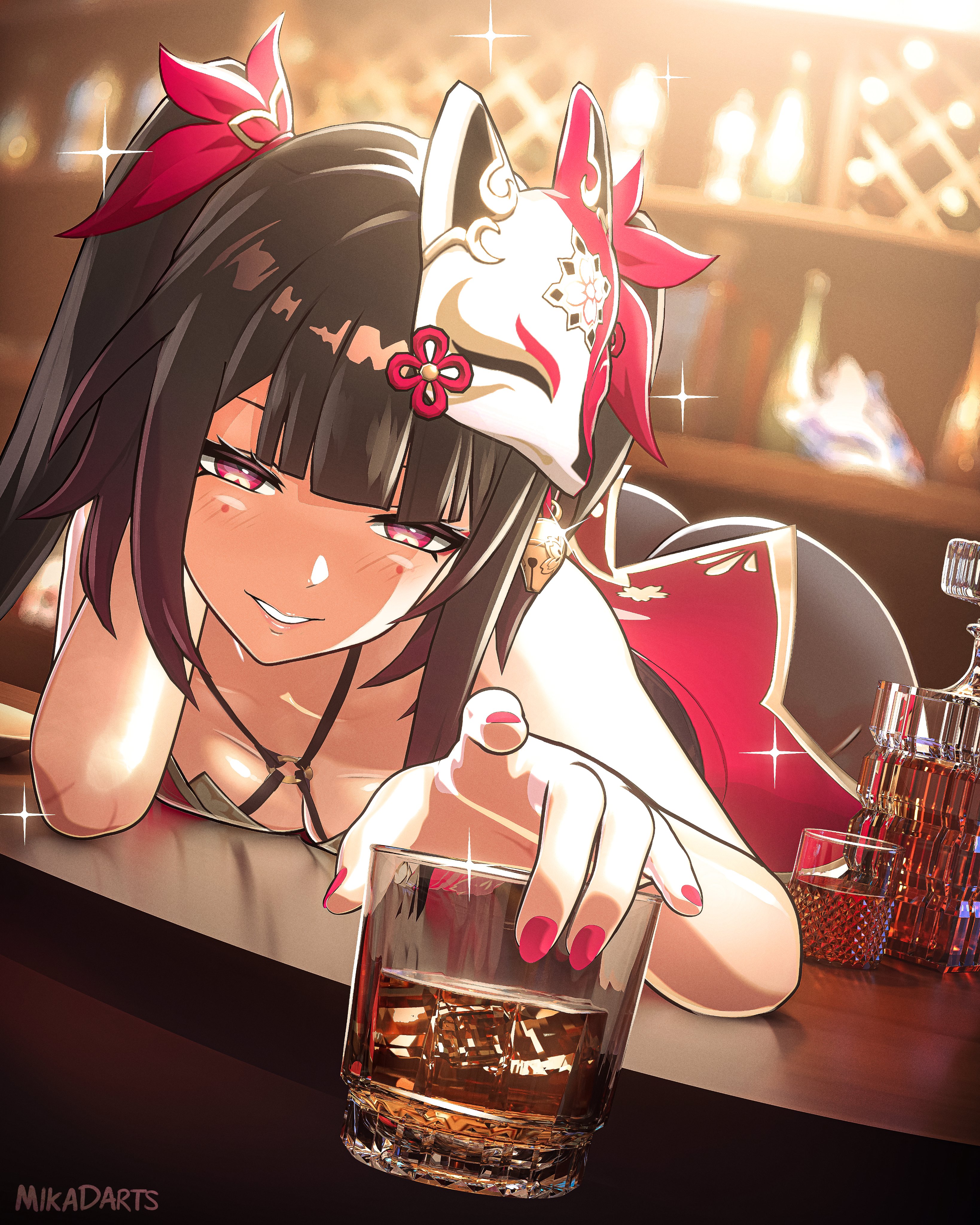1girls, alcohol, alcoholic drink, bar, black hair, drunk, female, female only, honkai (series), honkai: star rail, looking at viewer, mikadawn, red eyes, sparkle, sparkle (honkai: star rail)