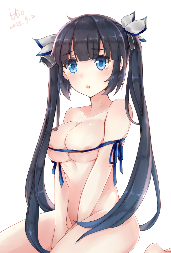 2015, areolae, black hair, blue eyes, bondage, bound, breasts, dated, dungeon ni deai wo motomeru no wa machigatteiru darou ka, female, hair ribbon, heiyuhang, hestia (danmachi), long hair, nude, rei no himo, ribbon, simple background, solo, tied hair, twintails, wariza, white background