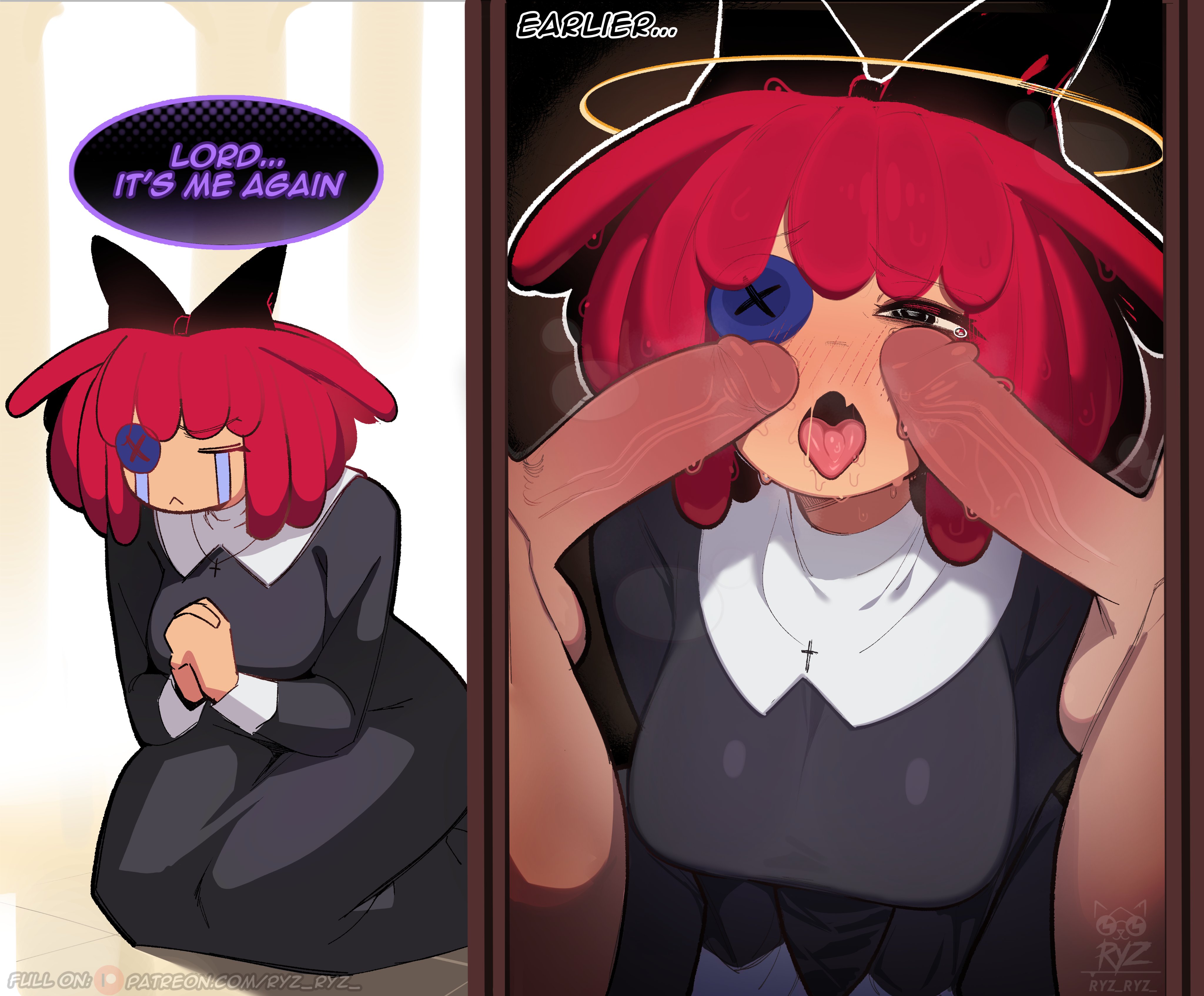 1girls, 2026, 2boys, 2d, absurd res, absurdres, balls, ballsack, bedroom eyes, big breasts, black eyes, blush, blush lines, blushing, breasts, closed eyes, clothed, clothed female, clothed female nude male, clothing, cock, dark skin, dark-skinned male, dialogue, dick, drool, drooling, drooling tongue, english, english dialogue, english text, eyes closed, female, female focus, genitals, glitch productions, hi res, highres, horny, horny female, naked, naked female, nude, nude male, nudity, nun, nun outfit, nun's habit, penis, ragatha (the amazing digital circus), red hair, ryz ryz, saliva, saliva string, saliva trail, scrotum, tan body, tan skin, tan-skinned female, tanned skin, testicles, text bubble, the amazing digital circus, tongue, tongue out