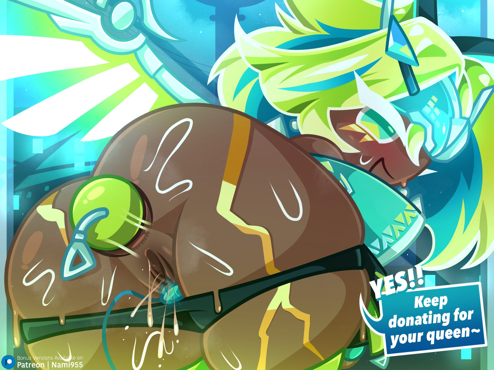 1girls, artist name, ass, ass focus, blush, cookie run, cookie run kingdom, dark-skinned female, dialogue, female only, golden cheese cookie, looking back, moaning, moaning in pleasure, nami955, official alternate costume, panties down, partially clothed female, patreon username, pussy, sex toy, sex toy in ass, sweat, sweating, sweaty ass, talking to viewer, text bubble, vibrator, vibrator in pussy, wings