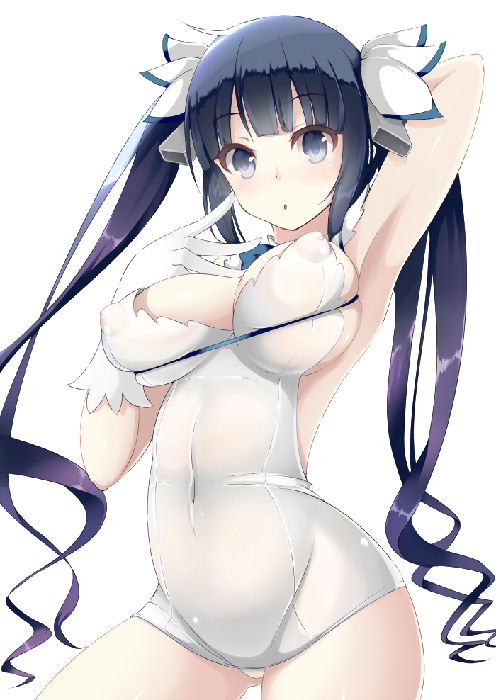 armpits arms_up black_hair blue_eyes breast_lift breasts cleavage cleavage_cutout dress dungeon_ni_deai_wo_motomeru_no_wa_machigatteiru_darou_ka female gloves hair_ornament hestia_(danmachi) large_breasts long_hair rei_no_himo revision short_dress showing_armpits sleeveless sleeveless_dress smile solo tied_hair twintails very_long_hair white_dress white_gloves xiaoyin_li