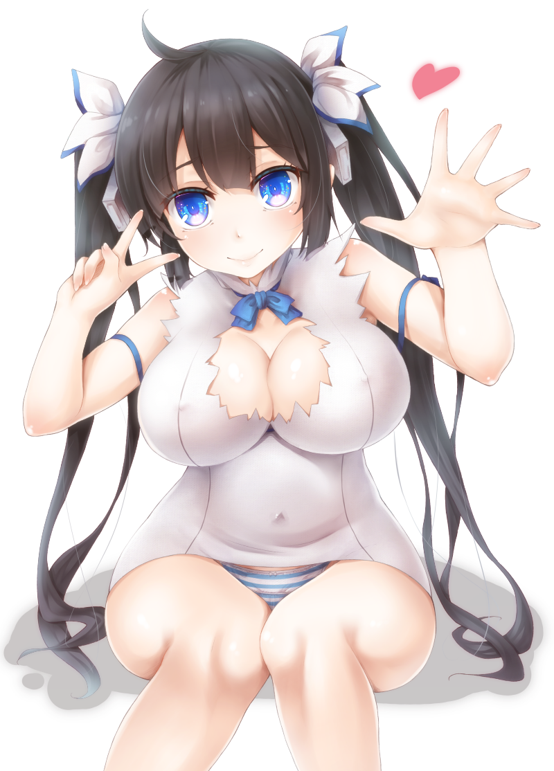 arm_ribbon black_hair blue_eyes blush bow breasts cleavage cleavage_cutout cyanomirahi dress dungeon_ni_deai_wo_motomeru_no_wa_machigatteiru_darou_ka female gloves hair_ornament hair_ribbon hestia_(danmachi) large_breasts long_hair long_twintails looking_at_viewer panties rei_no_himo ribbon smile solo tied_hair twintails underwear white_dress white_gloves