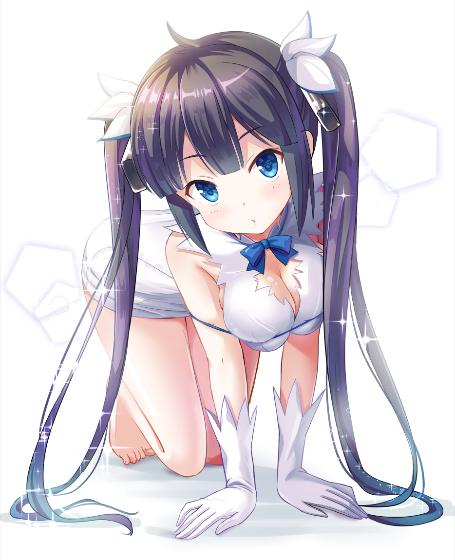 all fours, arm ribbon, bangs, barefoot, black hair, blue eyes, blunt bangs, breasts, chesuke, cleavage, dress, dungeon ni deai wo motomeru no wa machigatteiru darou ka, female, gloves, hair ornament, hair ribbon, head tilt, hestia (danmachi), long hair, looking at viewer, rei no himo, ribbon, skindentation, solo, tied hair, twintails