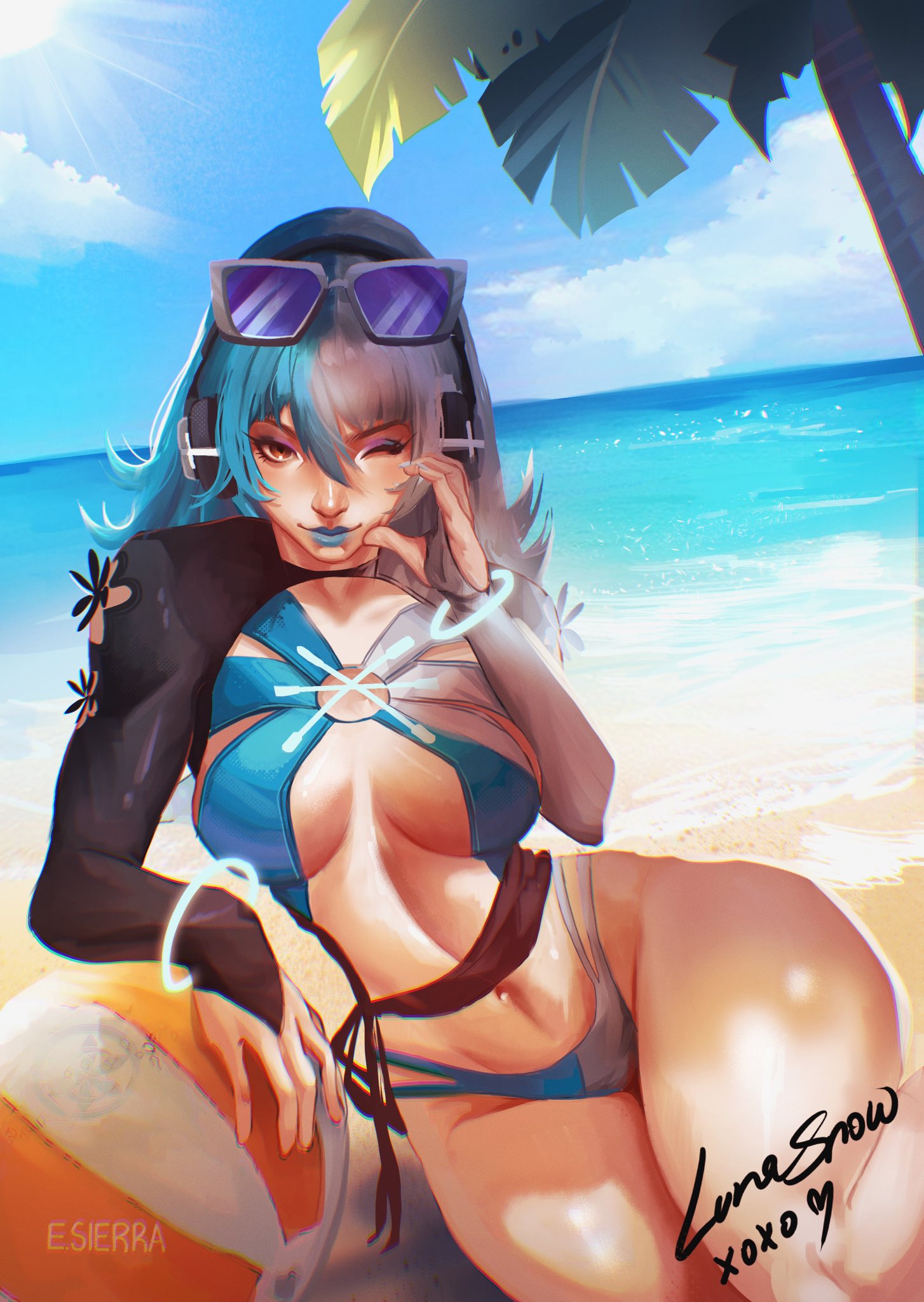 1girls, 2d, beach, beach ball, bikini, cleavage, female, female only, fully clothed, luna snow, luna snow (cool summer), luna snow (marvel rivals), marvel, marvel rivals, solo, swimsuit, thick thighs