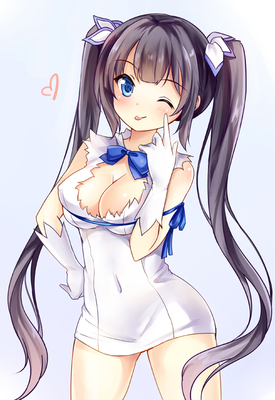 ;p akanbe black_hair blue_eyes bow breasts cleavage cleavage_cutout dress dungeon_ni_deai_wo_motomeru_no_wa_machigatteiru_darou_ka female gloves heart hestia_(danmachi) large_breasts long_hair looking_at_viewer nikoo one_eye_closed rei_no_himo short_dress sleeveless sleeveless_dress smile solo tied_hair tongue tongue_out twintails very_long_hair white_dress white_gloves