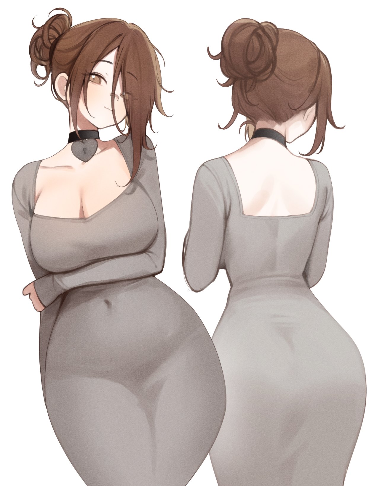 1girls, back view, belly button, child bearing hips, choker, cleavage, covered breasts, dress, eye contact, front view, heart choker, hourglass figured female, huge breasts, huge milkers, huge titties, jpg, light-skinned female, mommy kink, mommy milkers, short hair, sky (skyaboveme), skyaboveme, solo, white background, wide hips