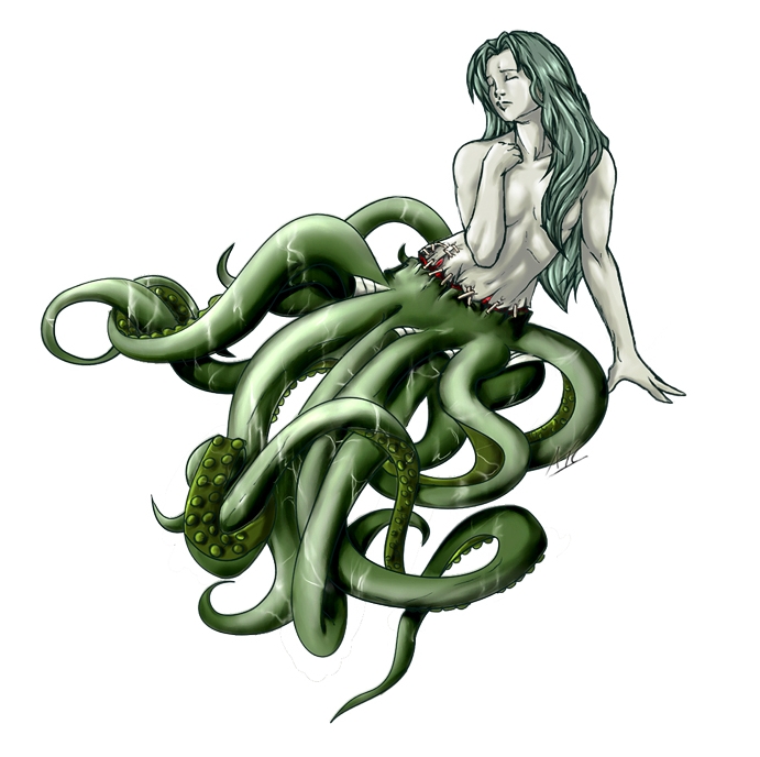 breasts closed_eyes female gore green_skin grey_skin hair long_hair nude scribbletati simple_background small_breasts solo staples teal_hair tentacle white_background