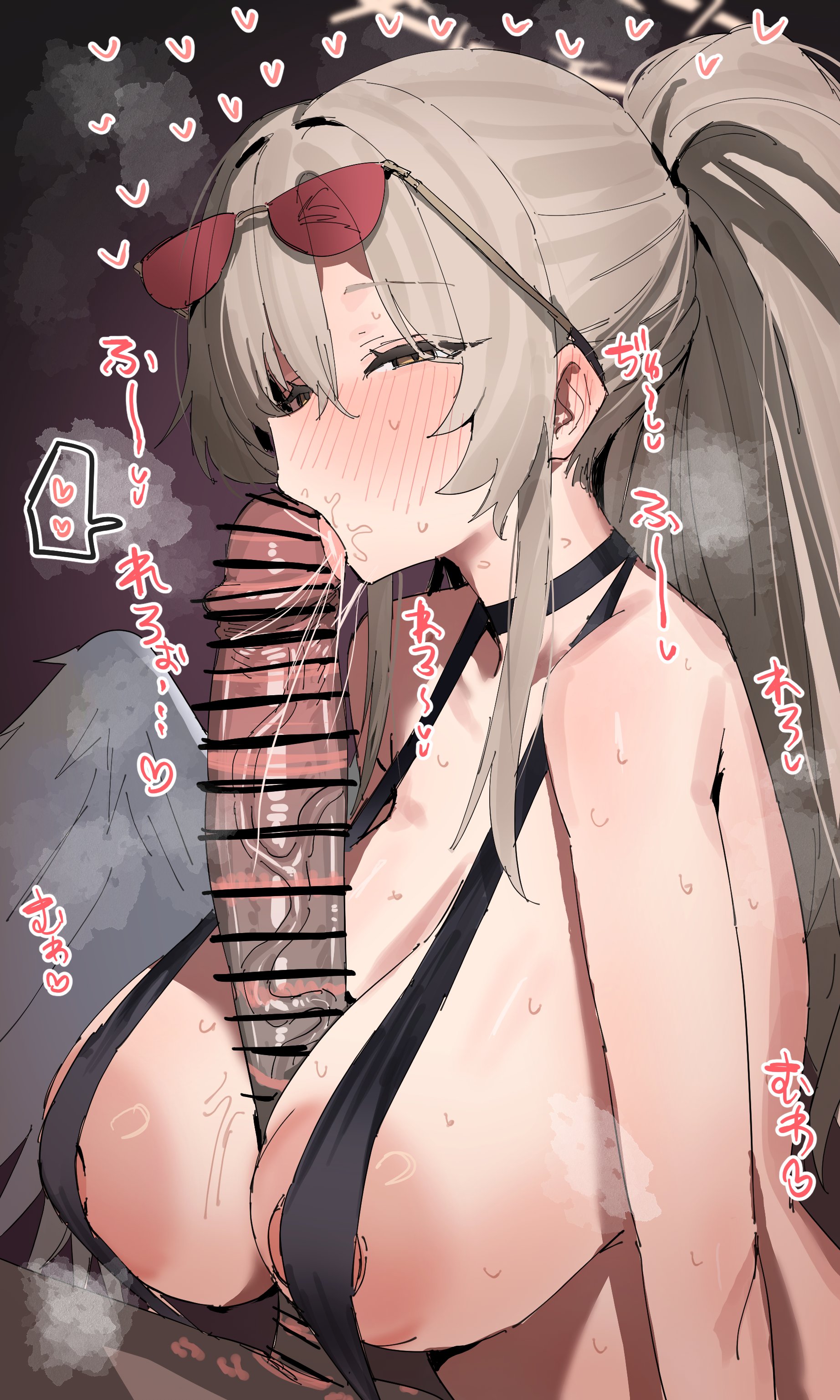 1boy, 1girls, areolae, blue archive, blush, breasts, brown eyes, censored, dark skin, dark-skinned male, fellatio, hands-free paizuri, horn/wood, huge breasts, huge cock, japanese text, kiss marks, licking penis, light brown hair, light skin, light-skinned female, lipstick marks, lipstick on penis, nagisa (blue archive), nagisa (swimsuit) (blue archive), nipple slip, nipples, nose blush, onomatopoeia, paizufella, paizuri, penis, spoken hearts, sunglasses, sunglasses on head, sweat, swimsuit, tea party (blue archive), text, tongue, tongue out, trinity general school student, wings