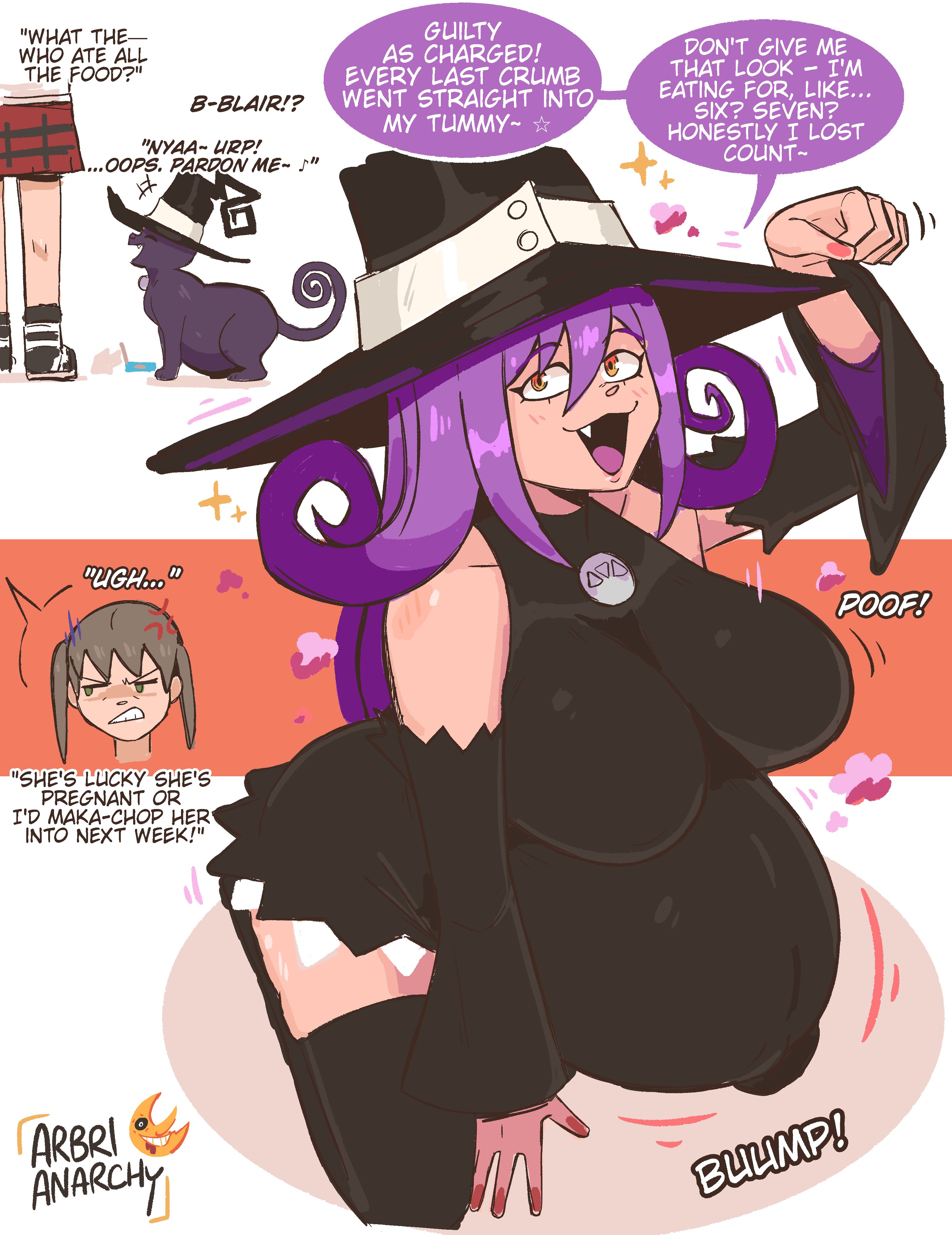 arbrianarchy, big belly, big breasts, blair (soul eater), cat, cat pose, english dialogue, english text, fang, maka albarn, nails painted, pregnant, pregnant belly, pregnant female, purple hair, six seven, soul eater, tagme, yellow eyes