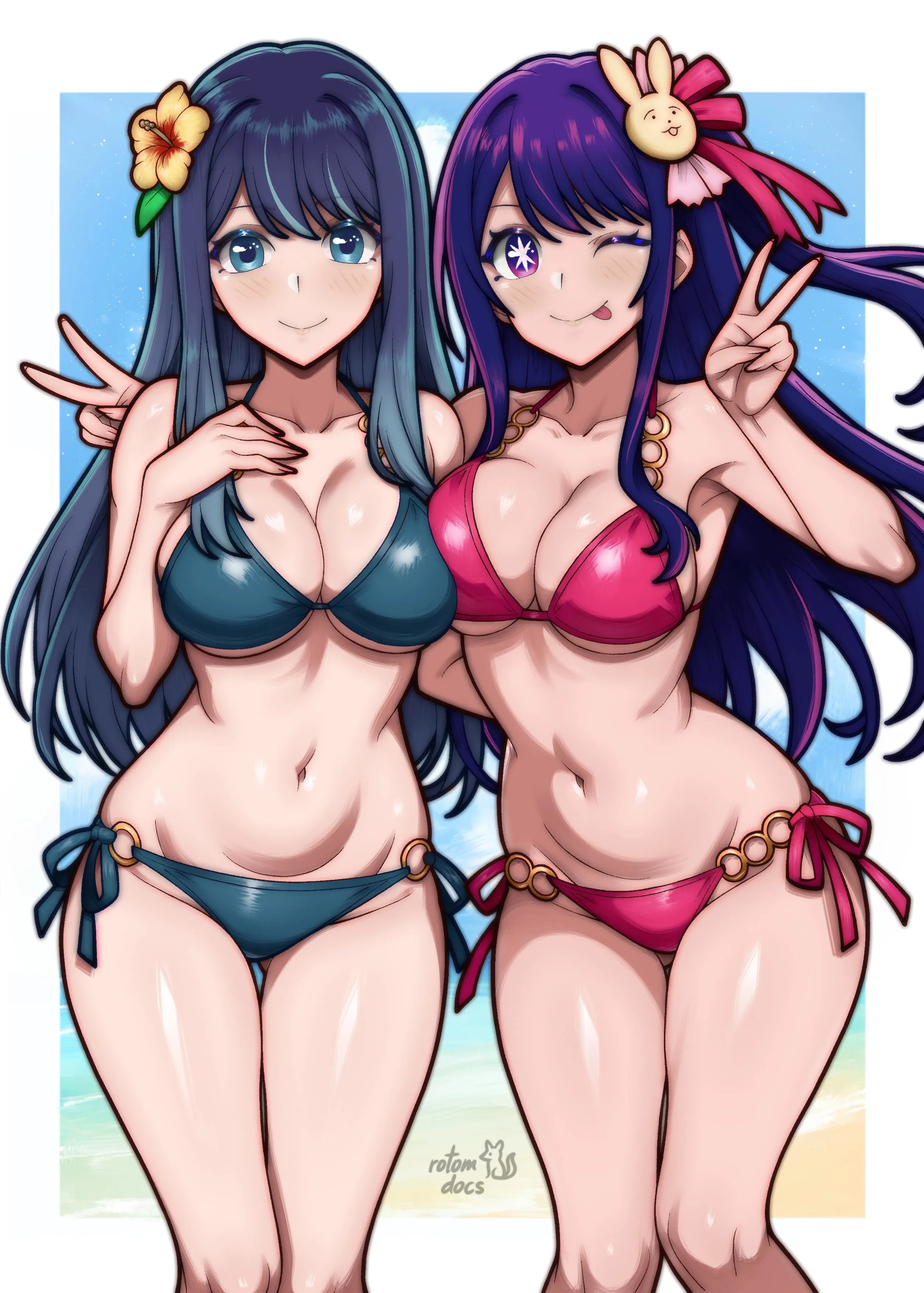 ;), ///, 2d, 2d (artwork), 2d artwork, 2girls, accessory, actress, adult, adult female, almost naked, almost nude, anime, anime character, anime girl, anime milf, arm around another, arm around back, armpit, armpit crease, armpit peek, armpits, asian, asian female, asian girl, asian woman, ass visible from the front, ass visible through thighs, baddie, bare armpits, bare arms, bare belly, bare calves, bare chest, bare hands, bare hips, bare knees, bare legs, bare midriff, bare navel, bare shoulders, bare skin, bare thighs, beach, beach background, beach setting, belly, belly bulge, belly button, bewitching thighs, big boobs, big breasts, bikini, bikini bottom, bikini only, bikini top, blue bikini, blue bikini bottom, blue bikini top, blue eyebrows, blue eyes, blue sky, blue sky background, blue swimsuit, blue swimwear, blue-eyed female, blue-haired female, blush face, blush lines, blushing, blushing at viewer, blushing female, blushing lines, breast press, breast press on chest, breast squeeze, breasts, breasts press, breasts pressed against another, breasts pressed against partner, breasts pressed together, busty, busty female, busty girl, busty milf, busty teen, busty teenager, cheerful, cheerful smile, child bearing hips, cleavage, closed mouth smile, cloud, clouds, collarbone, color, colored, colored hair, cowboy shot, curvaceous, curvaceous body, curvaceous female, curvaceous figure, curvaceous hips, curvaceous teenager, curvy, curvy body, curvy female, curvy figure, curvy hips, curvy milf, curvy teen, day, daylight, daytime, digital, digital art, digital drawing, digital drawing (artwork), digital media, digital media (artwork), doga kobo, double peace sign, double v sign, drawing, duo, elbows, exposed, exposed armpits, exposed arms, exposed belly, exposed chest, exposed hips, exposed legs, exposed midriff, exposed navel, exposed shoulders, exposed skin, exposed thighs, eye closed, eye-level view, eyebrows visible through hair, eyes, facing viewer, fanart, feet out of frame, female, female focus, female only, female protagonist, fertile, fertile hips, fingernails, fingers, fit female, flower, flower hair ornament, flower in hair, flower on head, flushed, flushed cheeks, flushed face, foot out of frame, from front, front view, glistening arms, glistening boobs, glistening breasts, glistening hair, glistening legs, glistening shoulders, glistening skin, glistening thighs, glossy breasts, glossy hair, groin, hair accessory, hair ornament, hair ornaments, hair ribbon, hair tie, hairless armpits, halterneck, hand on breast, hand on chest, hand on own breast, hand on own chest, happy, happy expression, happy eyes, happy face, happy female, happy smile, high school student, hip dips, hips, hoshino ai, hot milf, hourglass figure, inframammary fold, inguinal crease, inguinal ligament, japanese, japanese female, japanese girl, japanese woman, knees, kurokawa akane, large boobs, large breasts, lascivious, lean figure, leg out of frame, legs closed, legs out of frame, legs together, light smile, linea alba, long hair, looking at viewer, main character, manga character, mature, mature female, mature woman, midriff, milf, mommy, mostly nude, mother, multicolored eyes, multicolored hair, multiple females, multiple girls, naked, naked female, naked woman, narrow waist, navel, nearly nude, nude, nude female, nudity, o-ring bikini, o-ring bikini top, o-ring swimsuit, o-ring swimwear, ocean background, one eye closed, one eye open, oshi no ko, outdoor, outdoor background, outdoor nudity, outdoors, outside, outside nudity, peace sign, pink bikini, pink bikini bottom, pink bikini top, pink eyes, pink hair, pink hair female, pink hair ribbon, pink hair tie, pink ribbon, pink swimsuit, pink swimwear, pink-eyed female, portrait, posing, posing for the viewer, posing naked, posing nude, practically nude, presenting armpit, pressing breast on partner, pressing breasts, pressing breasts together, protagonist, purple eyebrows, purple eyes, purple hair, purple-eyed female, purple-haired female, pushing breasts together, ribbon, rotomdocs, rubbing breasts, school girl, schoolgirl, sea, sea background, seaside, sexy female, shaved armpits, shiny arms, shiny breasts, shiny hair, shiny legs, shiny shoulders, shiny skin, shiny thighs, shoulders, shueisha, side-tie bikini, sidelocks, sign, sky, sky background, slender body, slender waist, slight smile, slim female, slim waist, smile, smiley face, smiling, smiling at viewer, split-color hair, squeezing breast, squeezing breasts, squeezing breasts together, standing, star eyes, star-shaped pupils, stomach, stomach bulge, string bikini, summer setting, sun, sunlight, sunny, swimsuit, swimwear, symbol shaped pupils, symbol-shaped pupils, teen girl, teenage female, teenage girl, teenage tits, teenager, thigh gap, thighs, thighs together, toned, toned belly, toned body, toned female, tongue, tongue out, top view, touching breast, touching chest, two tone hair, two-tone hair, upper body, v, v sign, very long hair, very long hair female, voluptuous, voluptuous body, voluptuous female, voluptuous figure, voluptuous milf, voluptuous teenager, voluptuous woman, white border, wide hips, wink, winking, winking at viewer, winking eye, woman, young female, young jump, young milf, young woman, young woman and milf