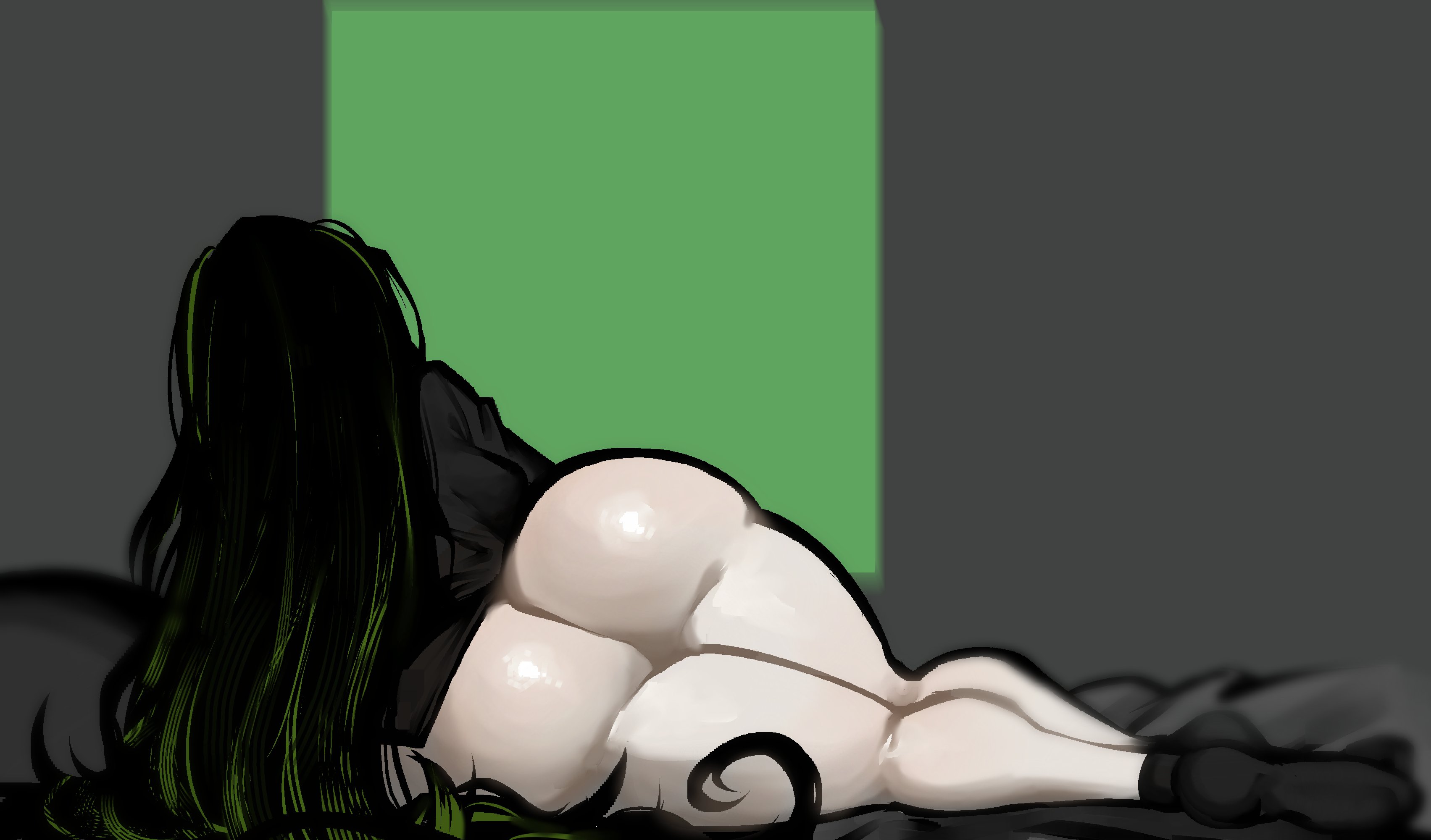 1girls, alfonso (limbus company), ass, ass focus, back view, bottom heavy, bubble butt, eclipseecliptus, female focus, female only, half naked, half-dressed, huge ass, limbus company, long hair, lying on side, no pants, pale skin, pale-skinned female, project moon, simple background, solo, solo female, solo focus, thick thighs, two-tone hair, wide hips