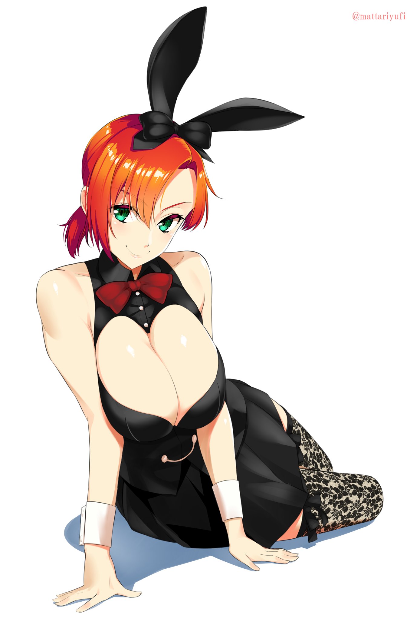 1girls, boudica (fate), breasts, cleavage, eye contact, fate (series), fate/grand order, female, female only, large breasts, long hair, looking at viewer, mattari yufi, nipples, nipples visible through clothing, ponytail, pose, red hair, solo, solo focus, source request, text, thick thighs, watermark, wide hips