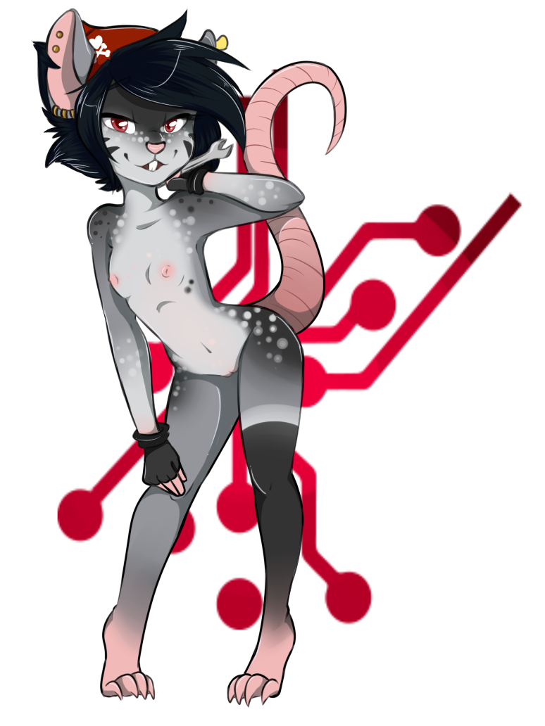 anthro areola black_hair breasts chelsea_(original_character) claws clothing ear_piercing female flat_chested freckles gloves grey_skin hair inverted_nipples mammal nipples piercing rat red_eyes rodent small_breasts solo spots toe_claws tools trexqueen wrench