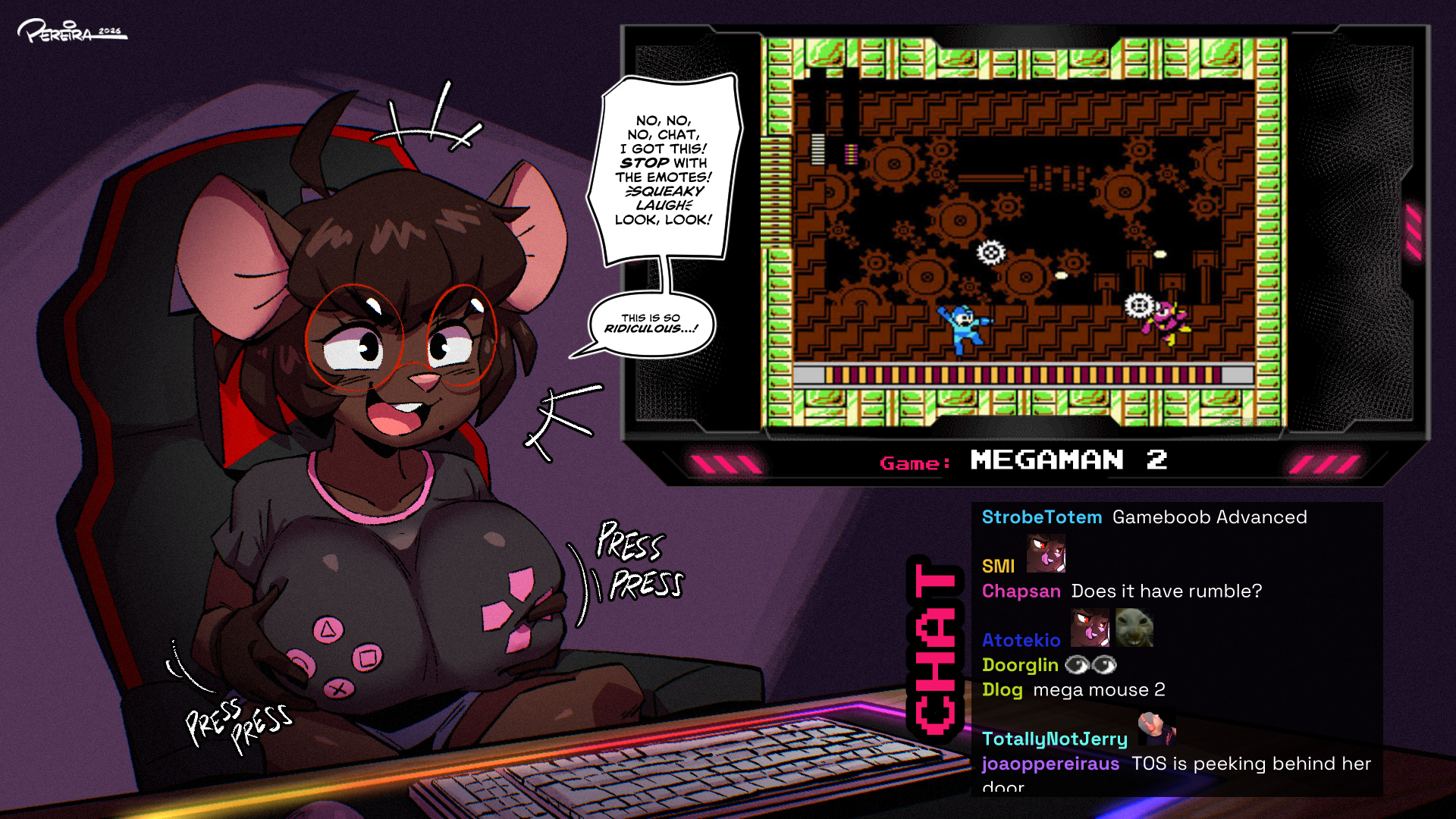 big breasts, breasts grab, game controller print, gamer girl, gwen geek, gwen martin, joaoppereiraus, joke, nipple tweak, original, original character