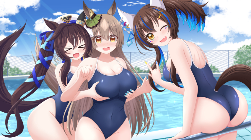 :3, 3girls, animal ears, ass, blue hair, blush, breast grab, brown hair, closed eyes, cute fang, daitaku helios (umamusume), fang, female, grabbing another's breast, grabbing breasts, grabbing from behind, hand sign, horse ears, horse girl, horse tail, large ass, large breasts, light brown hair, long hair, multicolored hair, one-piece swimsuit, open mouth, outdoors, outside, pool, satono diamond (umamusume), school swimsuit, smile, swimsuit, tail, twintails, umamusume, umamusume pretty derby, vivlos (umamusume), water, yellow eyes