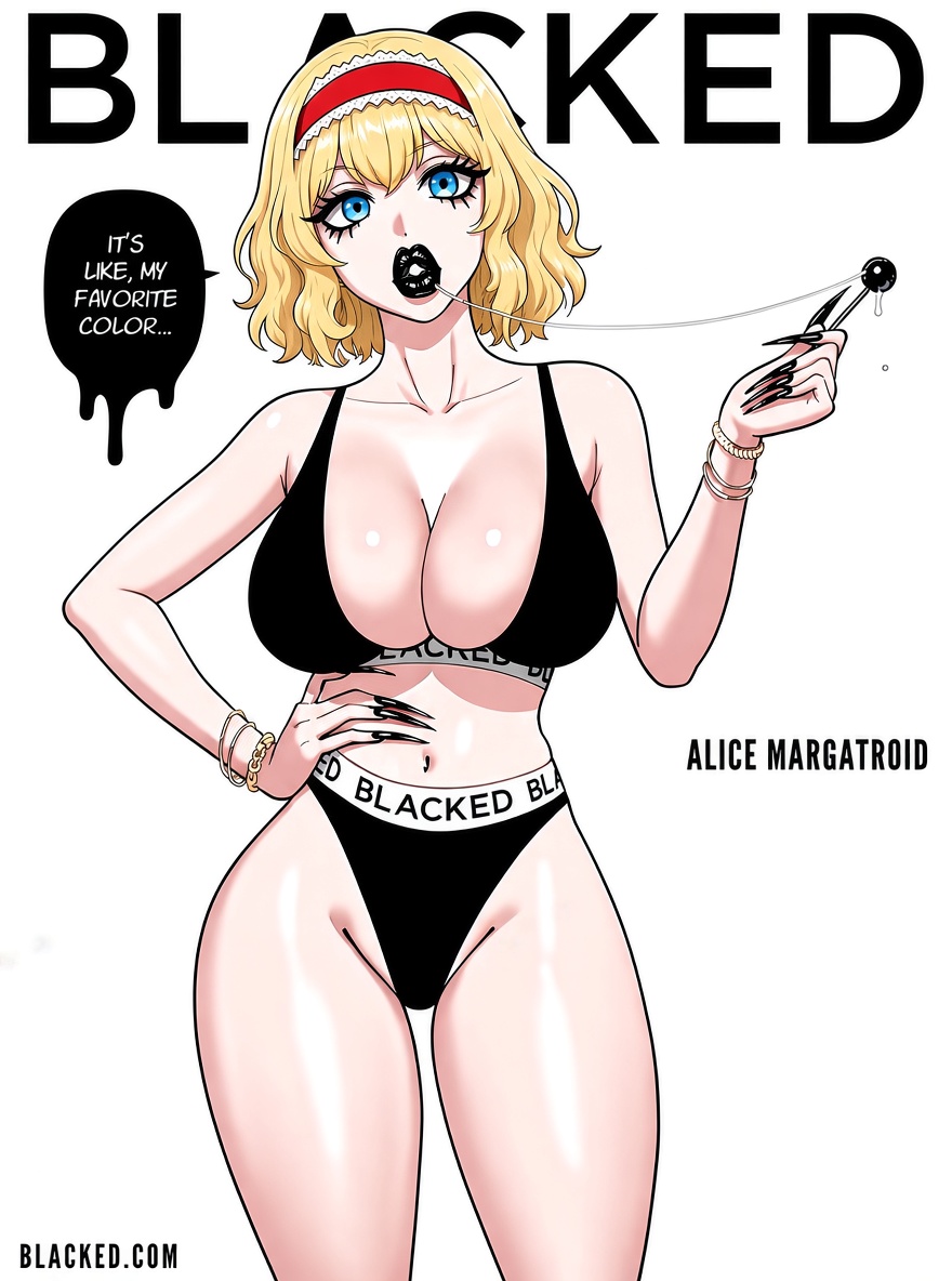 alice margatroid, bimbo, black lipstick, blacked, blacked clothing, blonde hair, edit, fellatrix, hoop earrings, hoop earrings oversized, lollipop, long hair, long nails, saliva, saliva string, third-party edit, touhou, underwear
