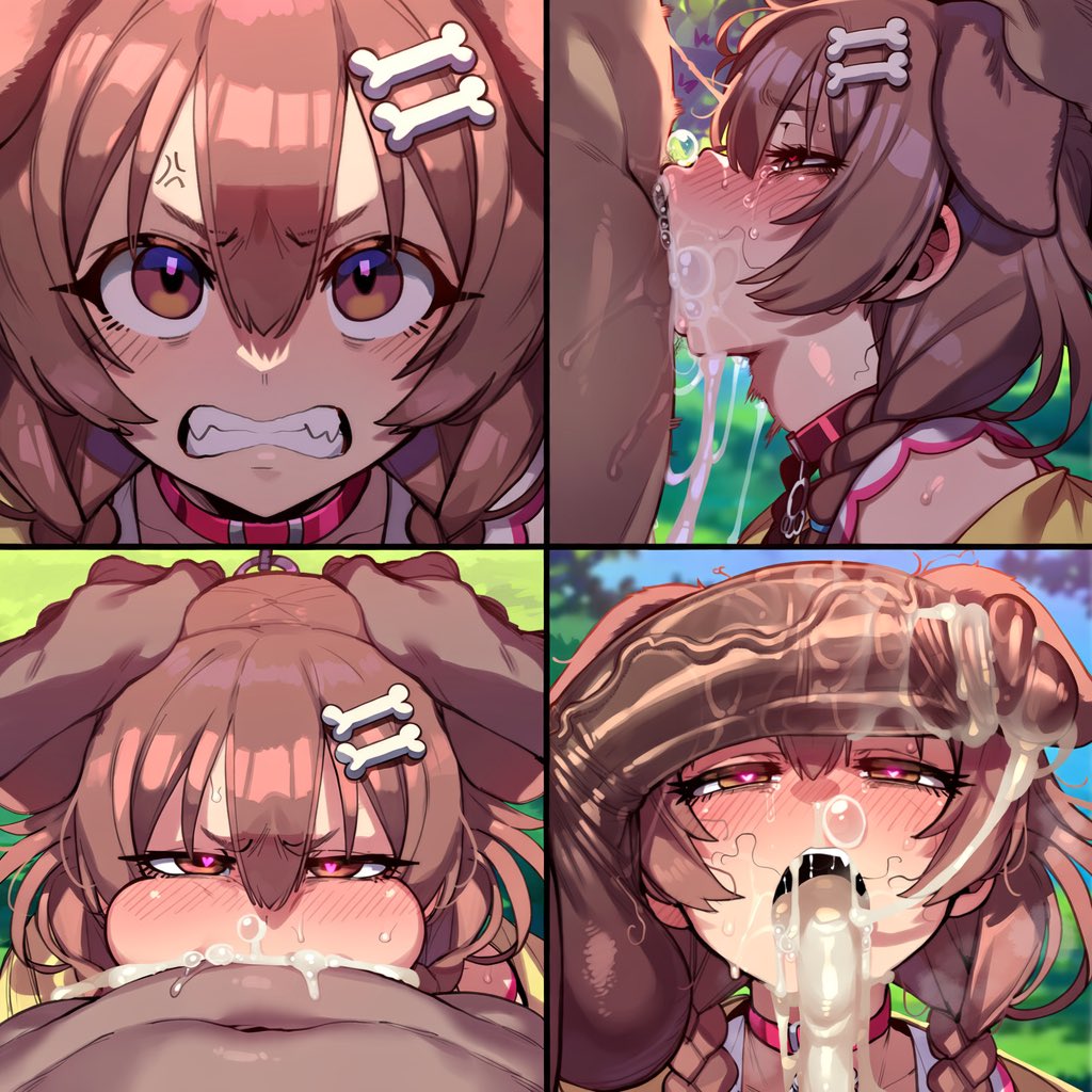1boy, 1girl, 2026, 2d, absurd res, absurd resolution, absurdres, ai generated, anger vein, angry, animal collar, animal ears, big penis, blush, bone hair ornament, braid, brown eyes, brown hair, clenched teeth, collar, cum, cum in mouth, cum in nose, cum on hair, dark skin, dark-skinned male, deepthroat, dog ears, dog girl, facial, fangs, fellatio, glaring, hair ornament, hands on another's head, head grab, heart, heart-shaped pupils, hetero, hi res, high quality, high resolution, highres, hololive, hololive english, image, inugami korone, inugami korone (1st costume), irrumatio, large penis, long hair, looking at viewer, multiple views, oral, outdoors, patreon, penis, penis on face, pov, red collar, shiny skin, symbol-shaped pupils, teeth, twin braids, uncensored, uncensured, unreal gens, veins, veiny penis, virtual youtuber