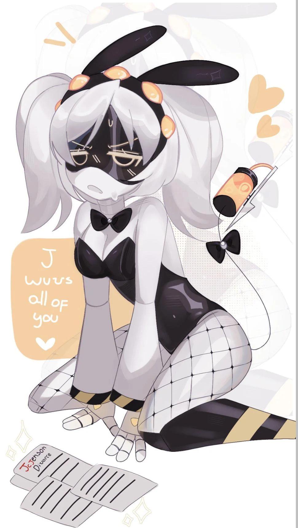 1girls, annoyed, annoyed expression, bow, bowtie, bunny ears, bunnysuit, female, female focus, female only, j (murder drones), murder drones, on knees, pigtails, robot, robot girl
